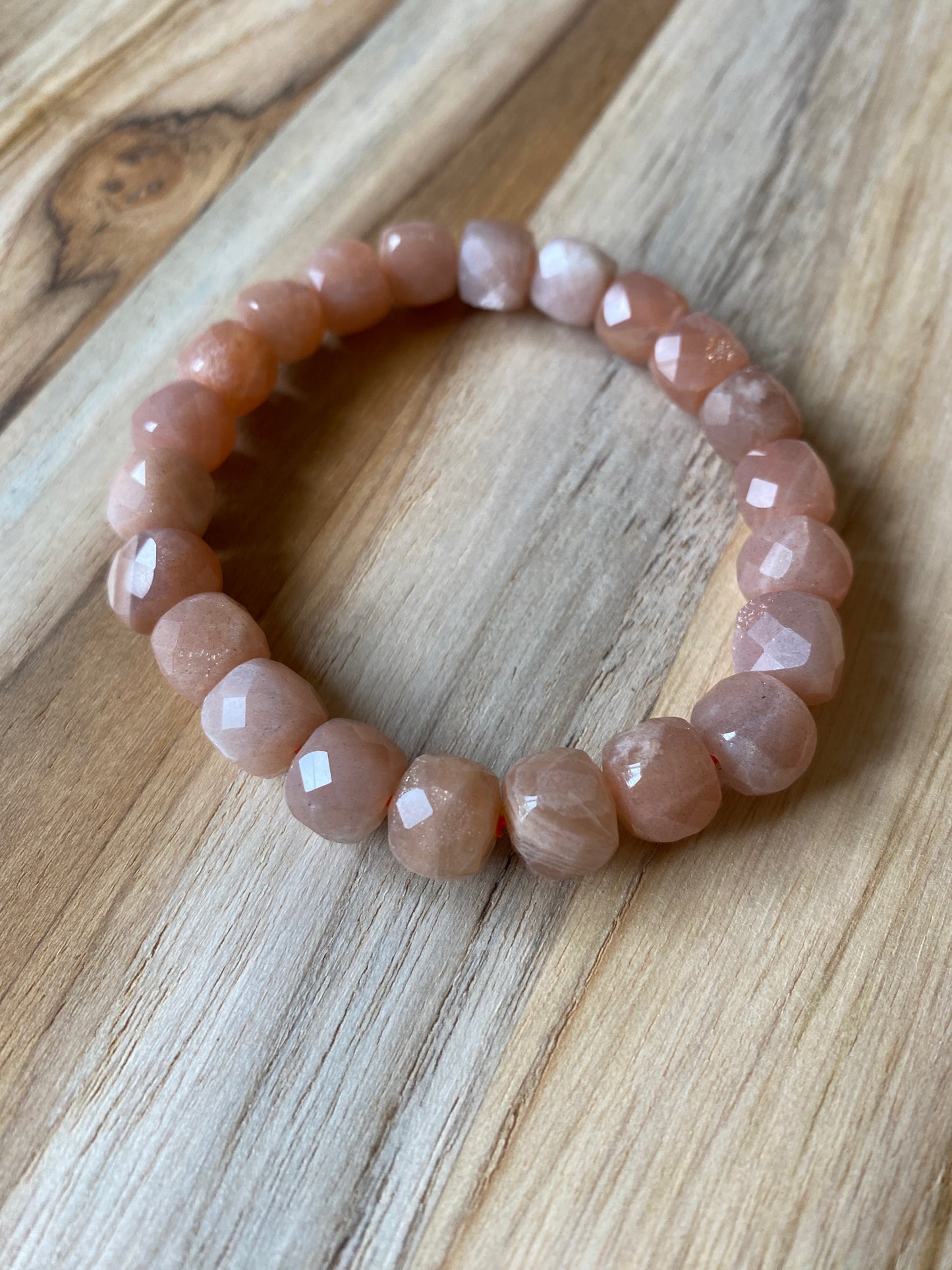 Peach Moonstone Faceted Square Beaded Stretch Bracelet