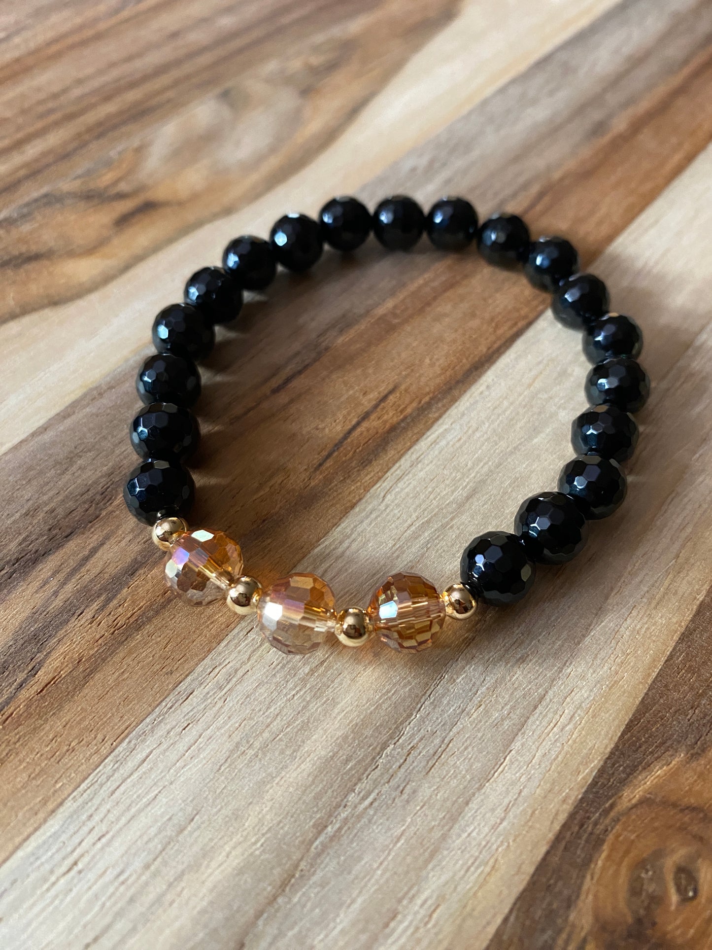 Faceted Black Onyx Beaded Stretch Bracelet with Multi Faceted Crystal Beads