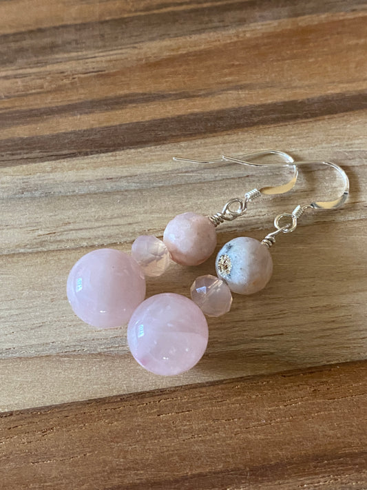 Madagascar Rose Quartz Dangle Earrings with Sakura Agate