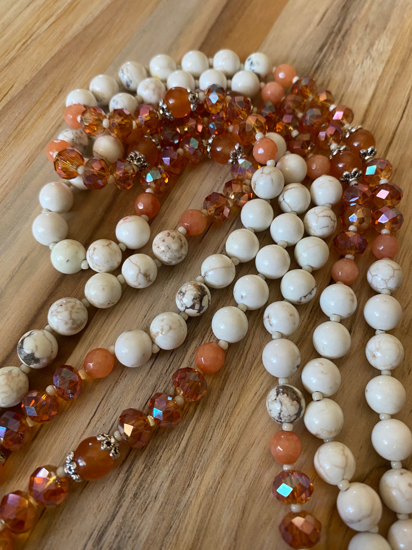 62" Long White Turquoise Multi-Wrap Necklace with Orange Jade & Crystal Beads