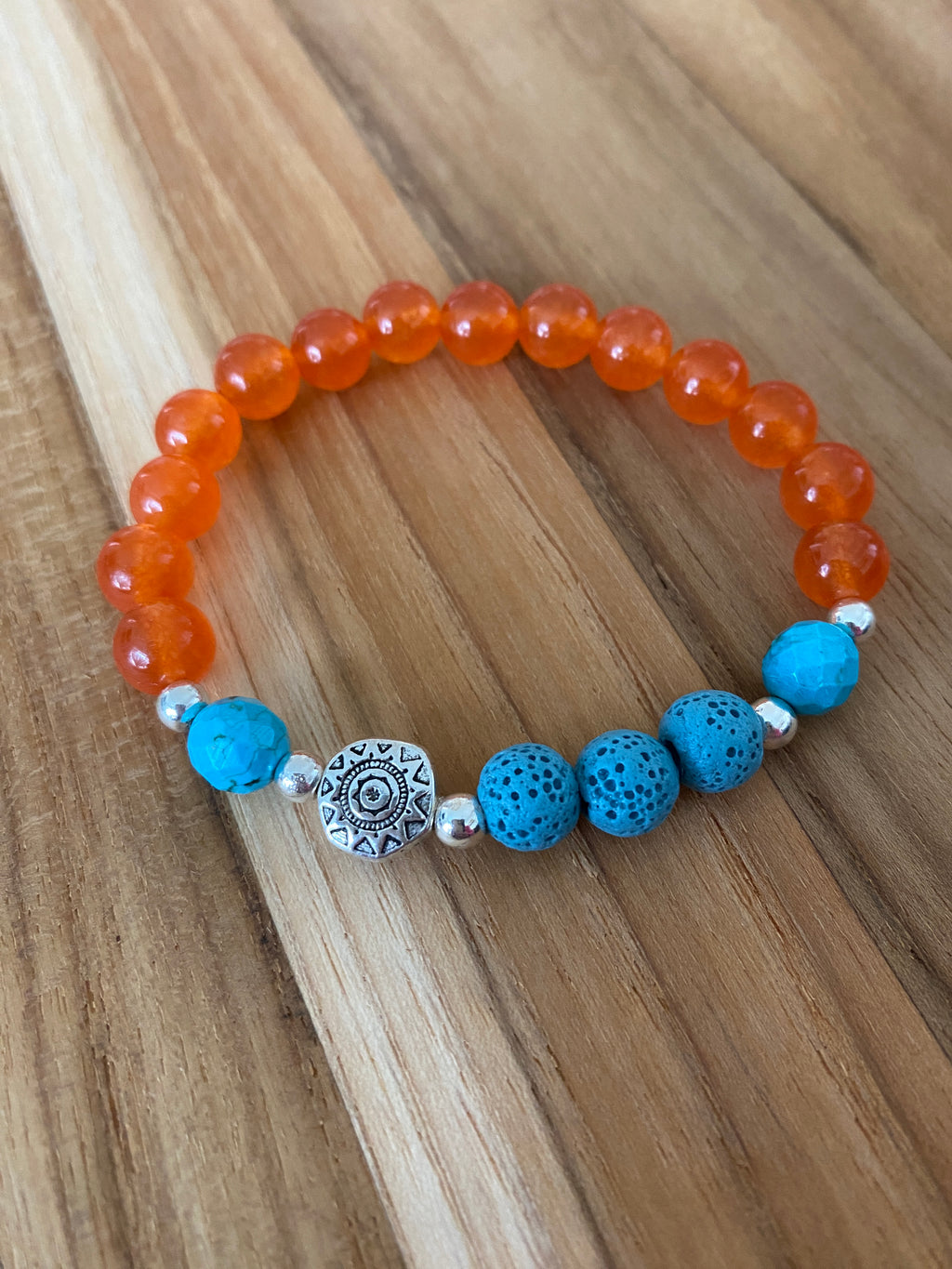 Essential Oil Diffuser Aromatherapy Orange Jade Stretchy Bracelet with Aztec Sun