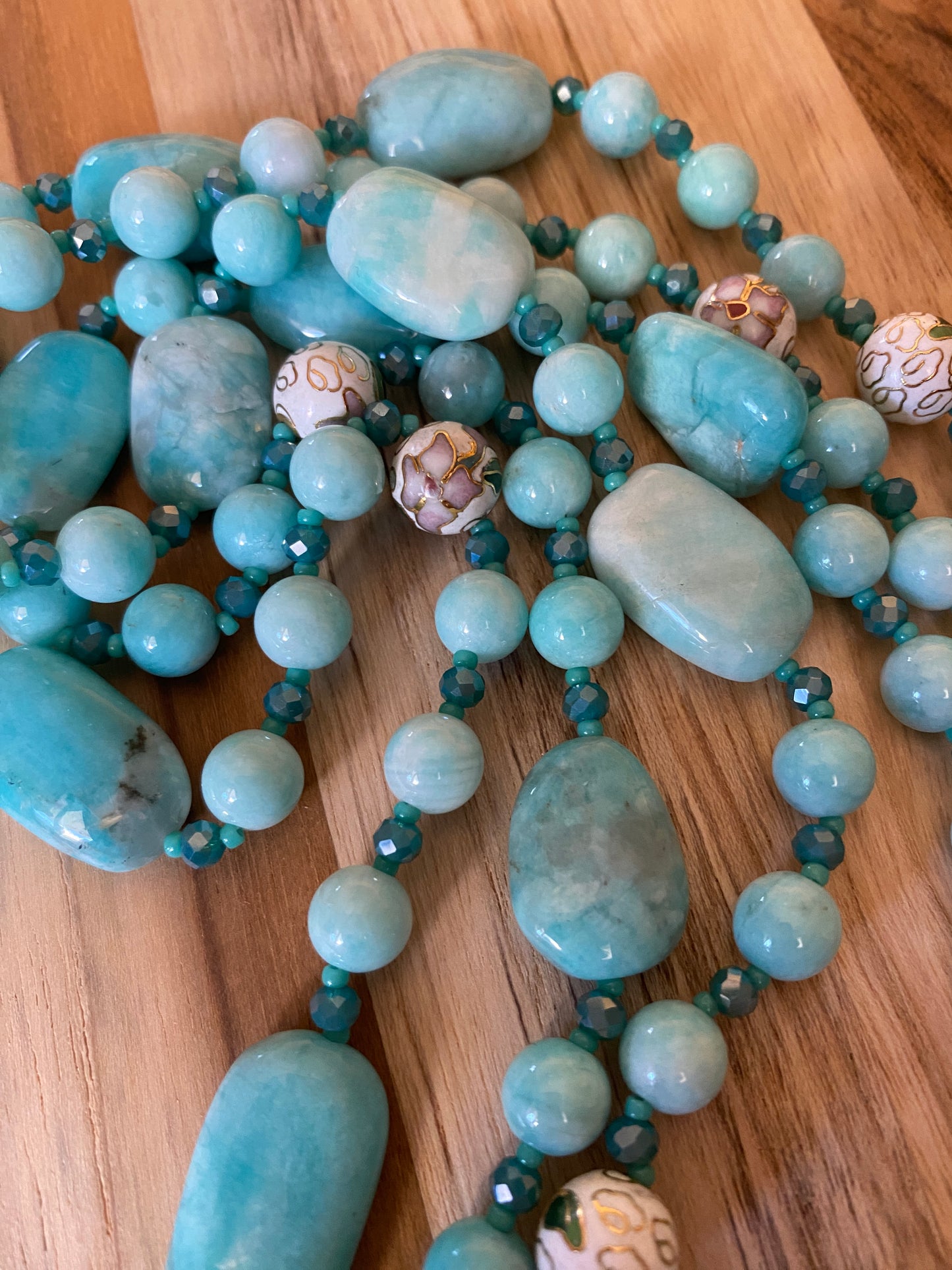 60" Extra Long Aqua Blue Beaded Amazonite Wraparound Necklace with Cloisonne & Crystal Beads