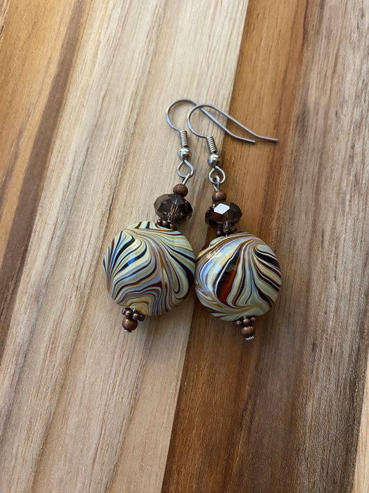 Cream & Brown Swirl Glass Dangle Earrings with Copper & Crystal Accents
