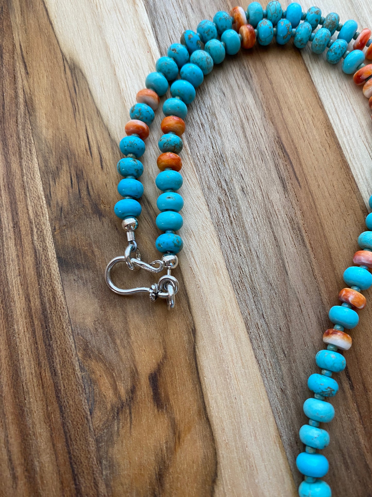 Nevada Blue Turquoise and Orange Spiny Oyster Beaded Necklace with Sterling Silver