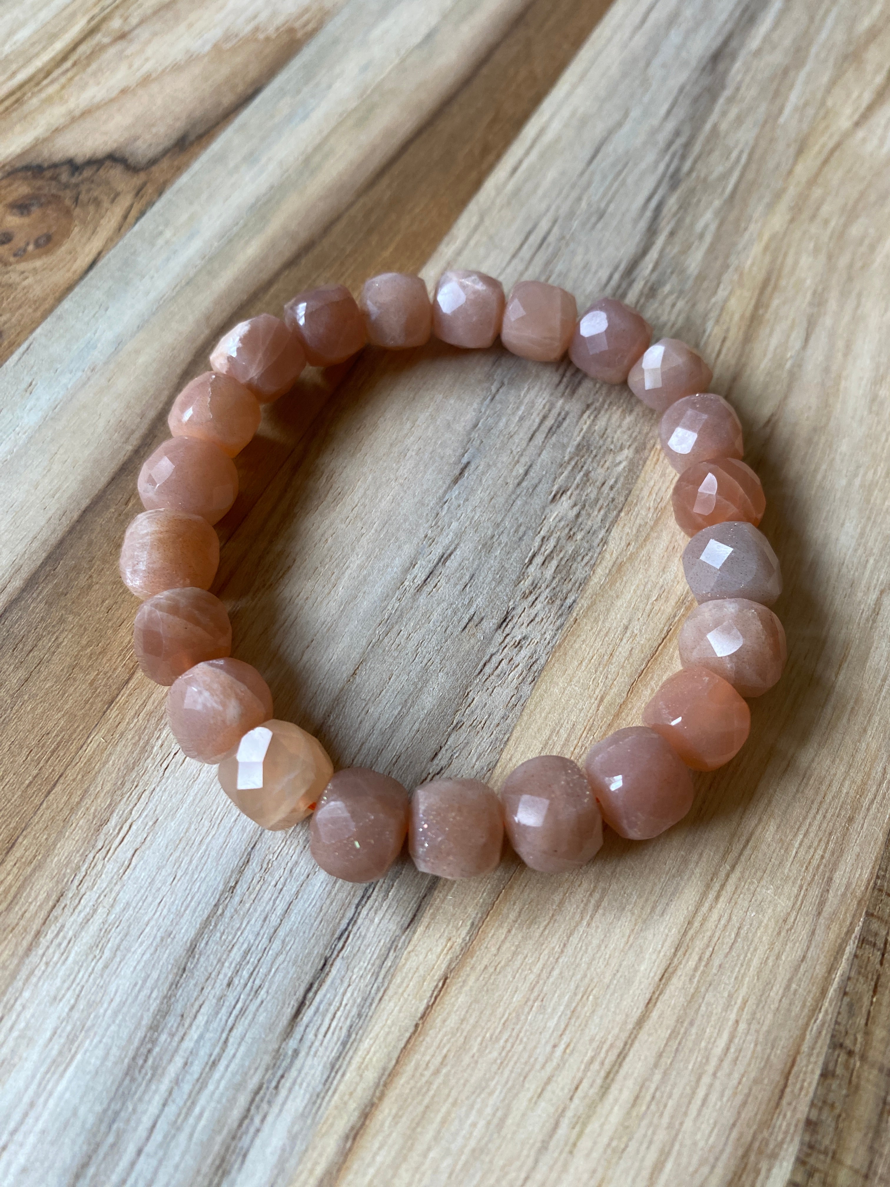 Peach Moonstone Faceted Square Beaded Stretch Bracelet