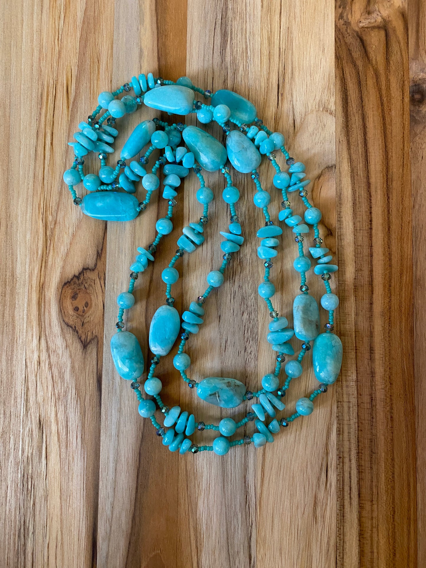 60" Extra Long Aqua Blue Beaded Amazonite Wraparound Necklace with Crystal & Seed Beads