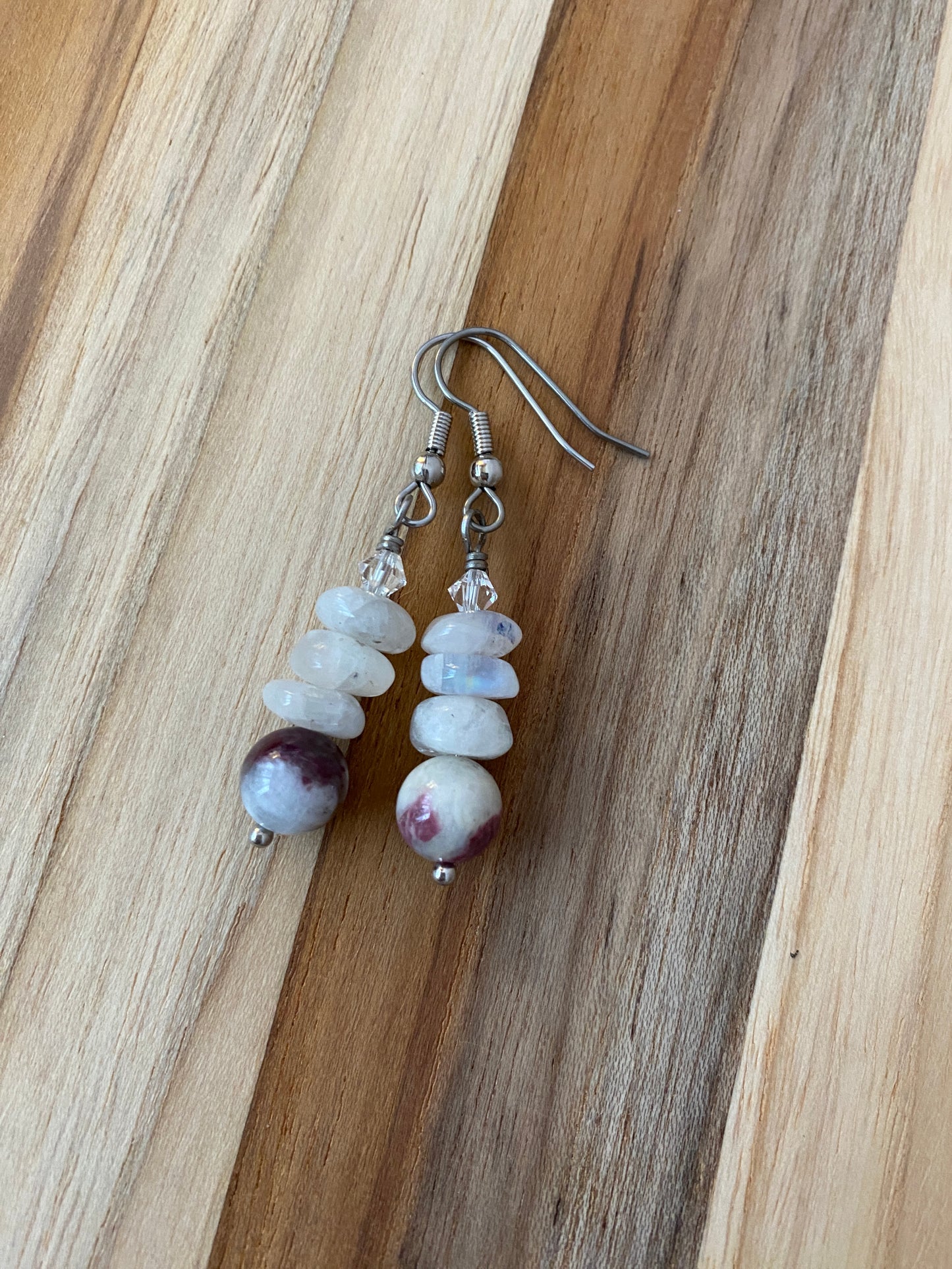 Pink Flower Tourmaline Dangle Earrings with Moonstone & Crystal Beads