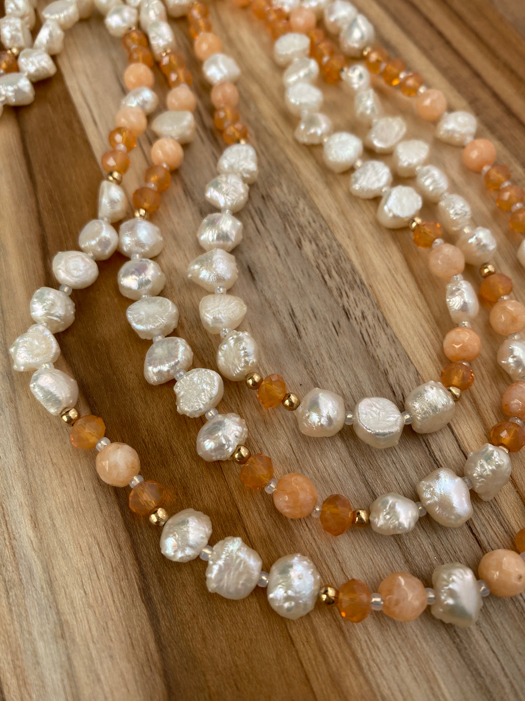 60" Extra Long Wraparound Style White Pearl Beaded Multi Wrap Wraparound Neckalce with Orange Agate & Crystal Beads - My Urban Gems