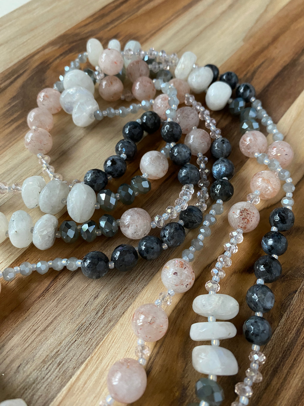 63" Long Wraparound Cherry Quartz, Labradorite, Moonstone & Crystal Beaded Necklace - My Urban Gems