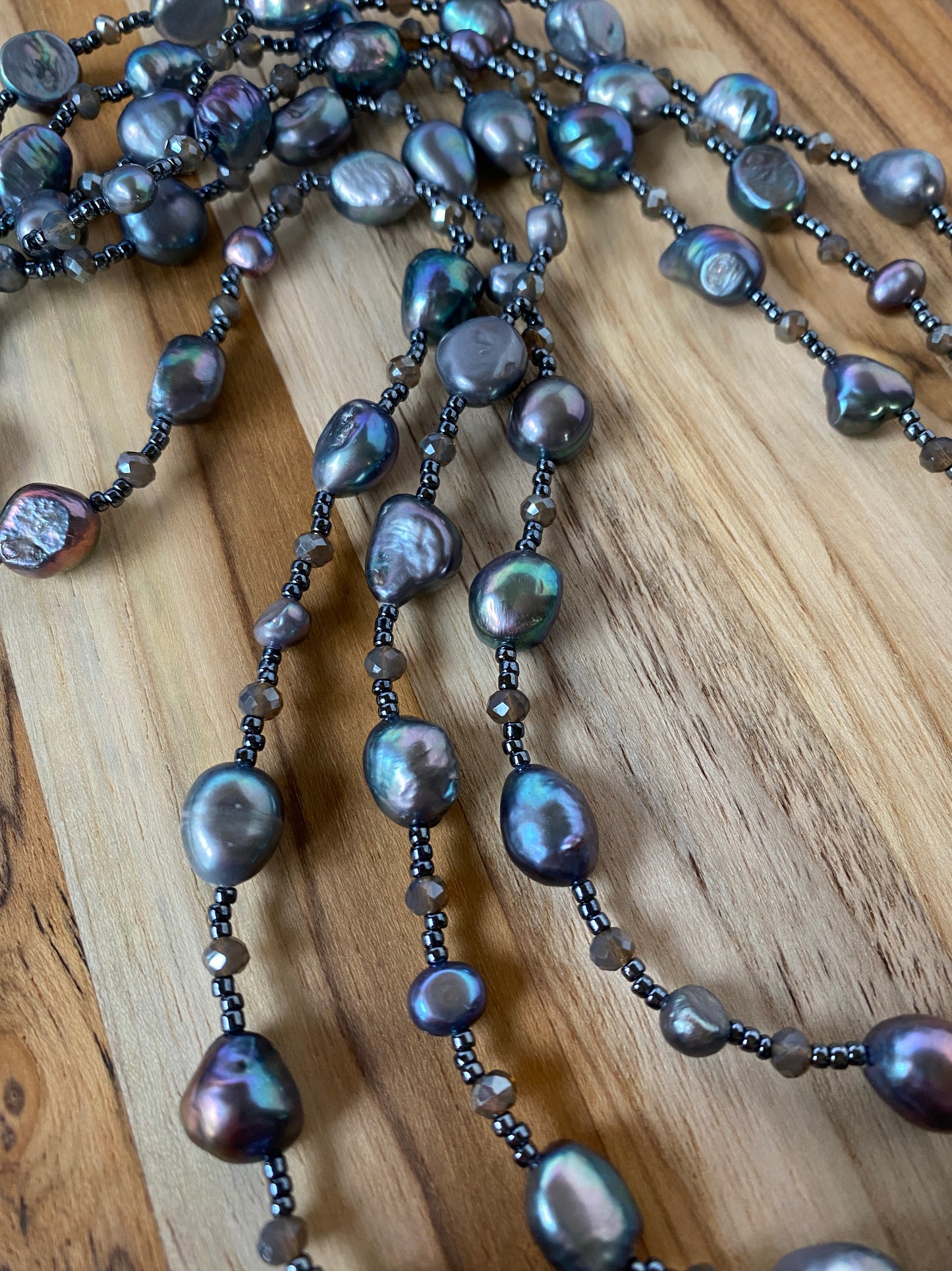 60" Extra Long Beaded Grey Peacock Freshwater Pearl Necklace with Crystal Beads