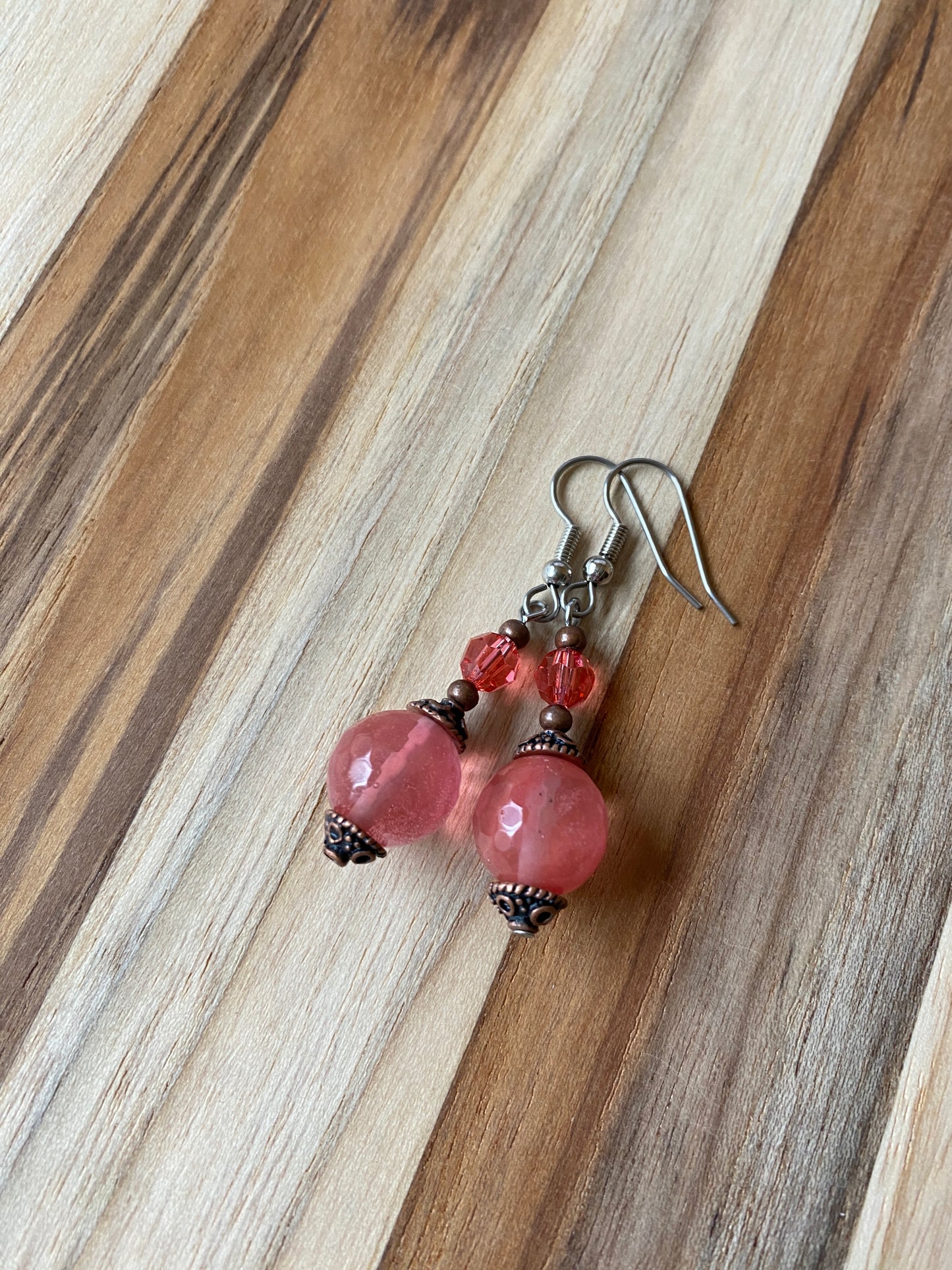 Cherry Quartz, Crystal & Copper  Dangle Earrings
