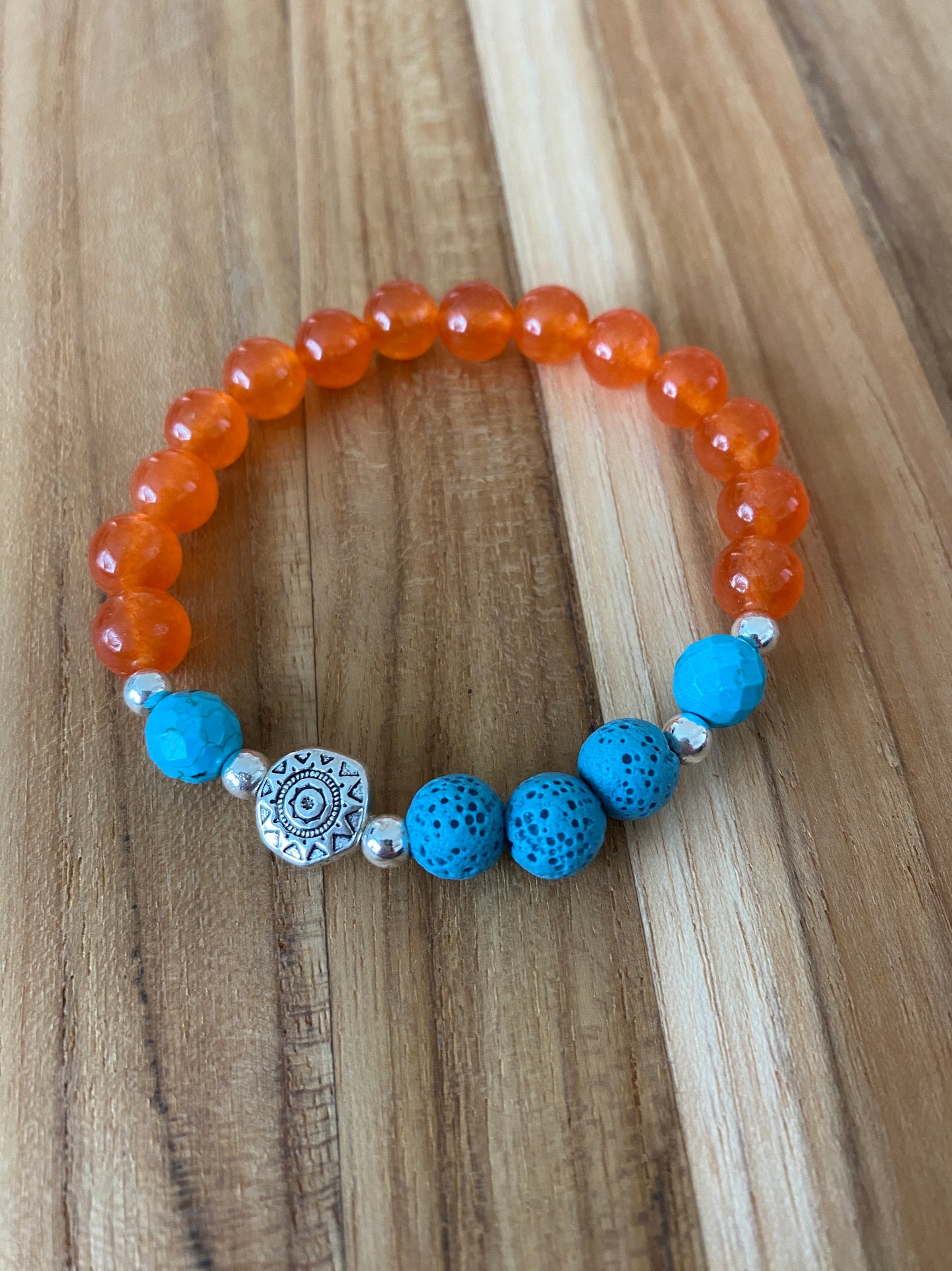 Essential Oil Diffuser Aromatherapy Orange Jade Stretchy Bracelet with Aztec Sun