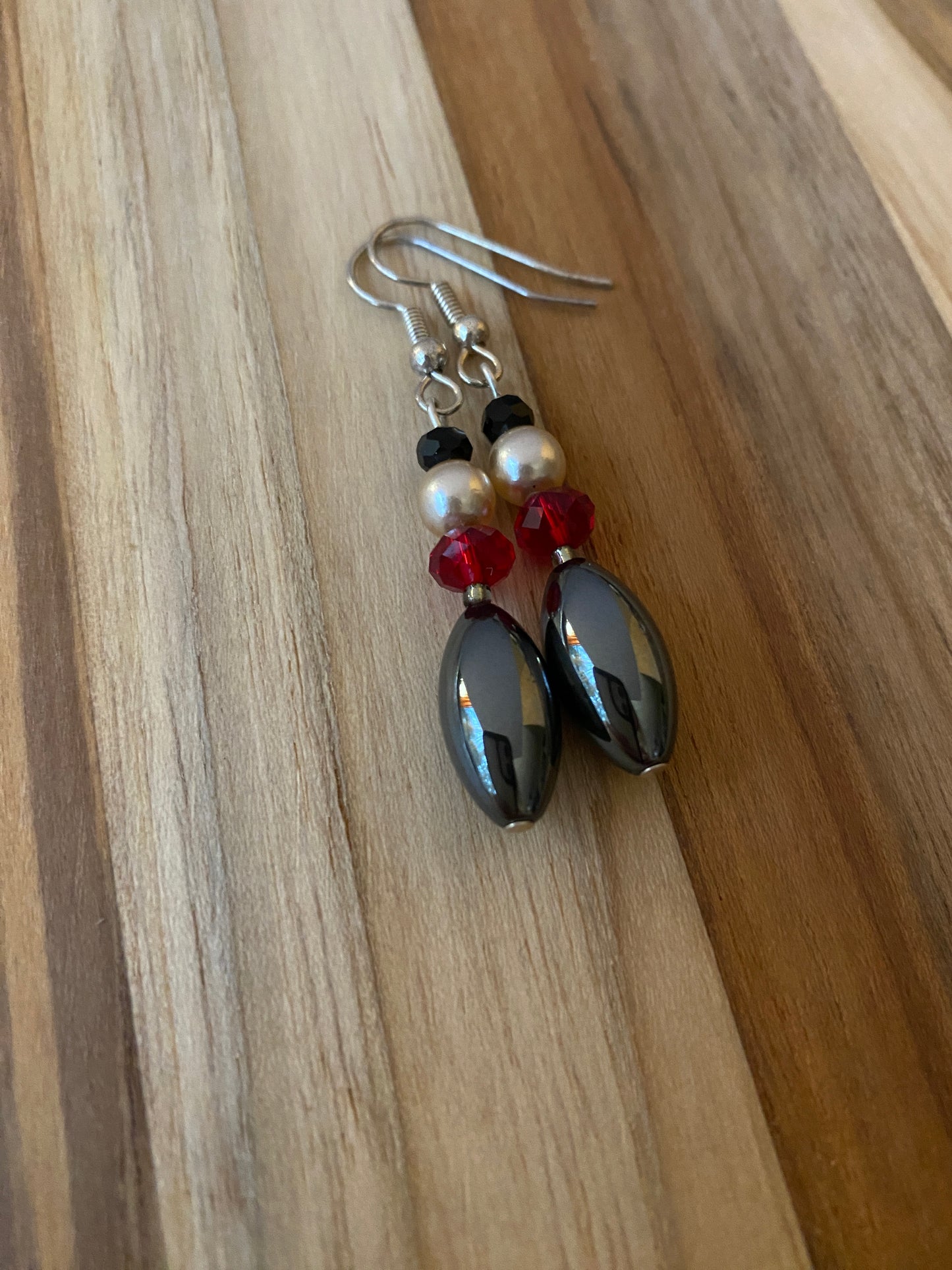 Hemalyke, Faux Pearl & Red and Black Crystal Dangle Earrings