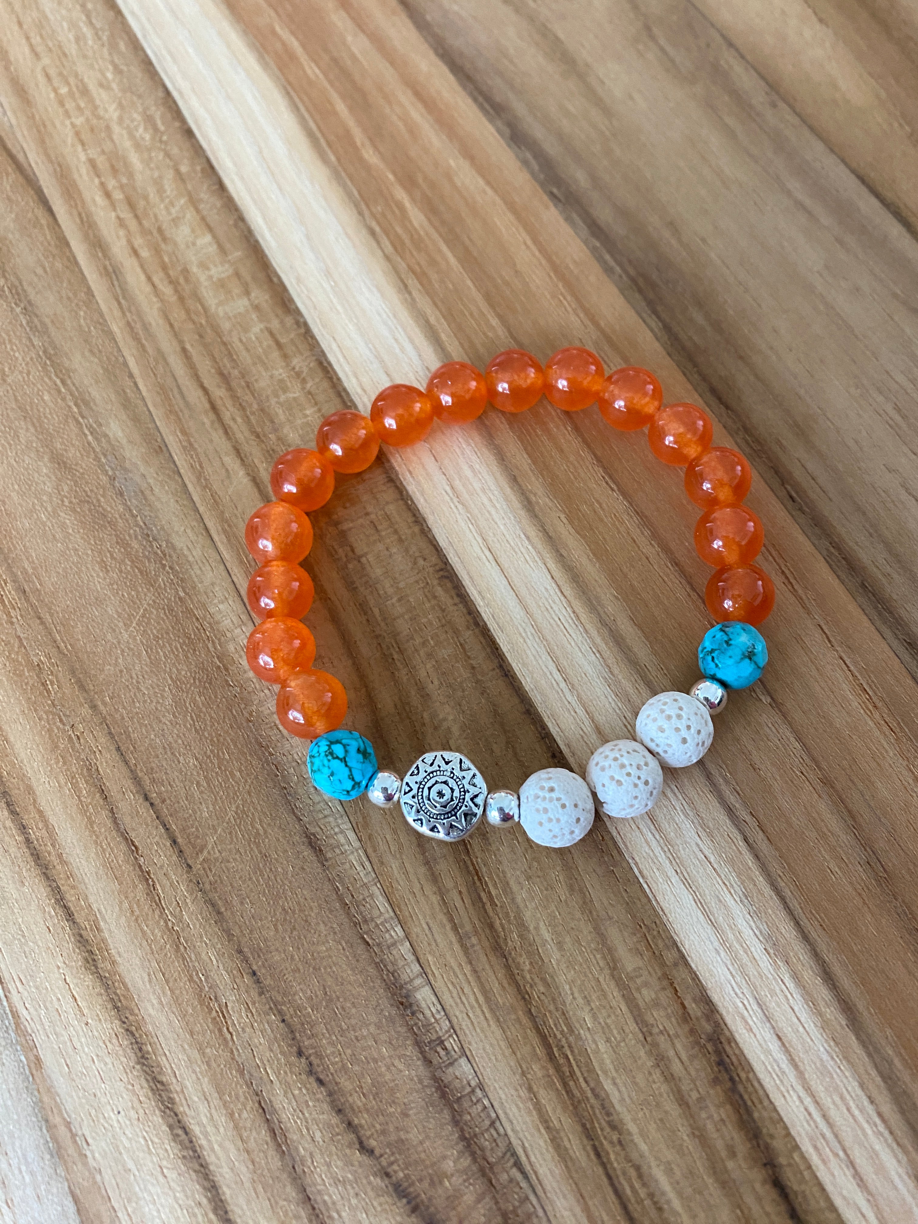 Essential Oil Diffuser Aromatherapy Orange Jade & Turquoise Stretchy Bracelet with Aztec Sun