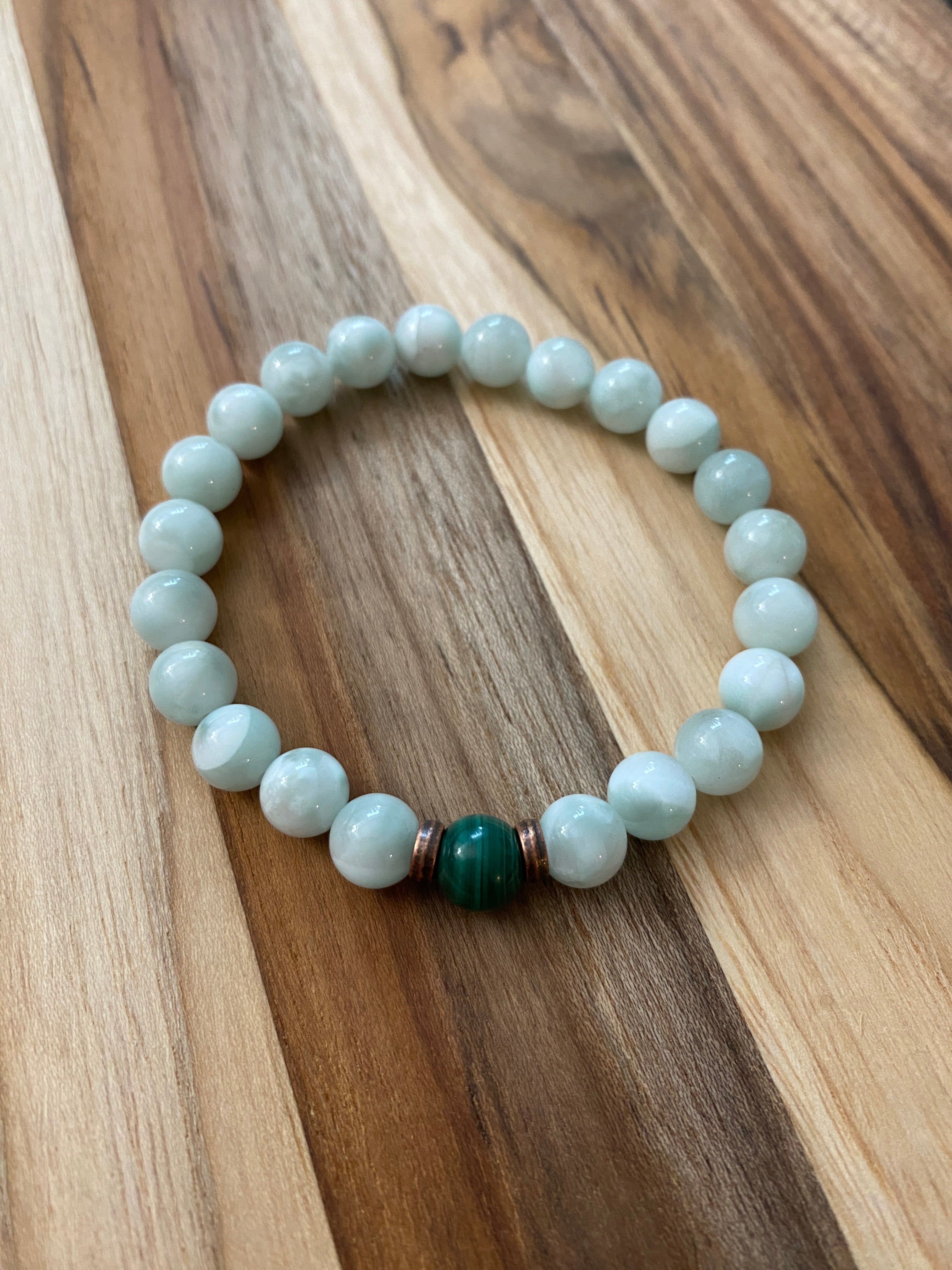 Green Moonstone Beaded Stretch Bracelet with Malachite