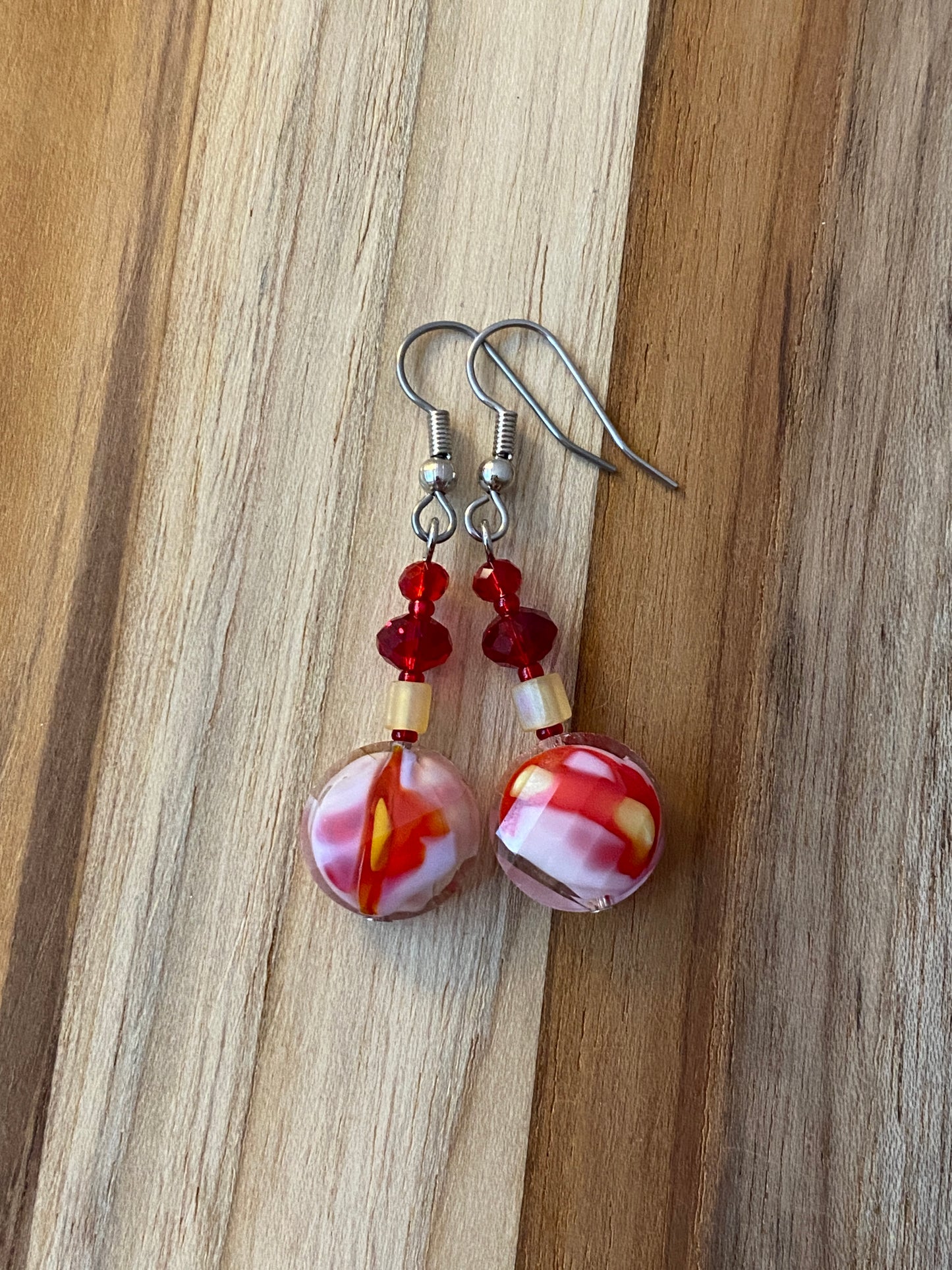 Red, Yellow & White Glass & Crystal Dangle Earrings