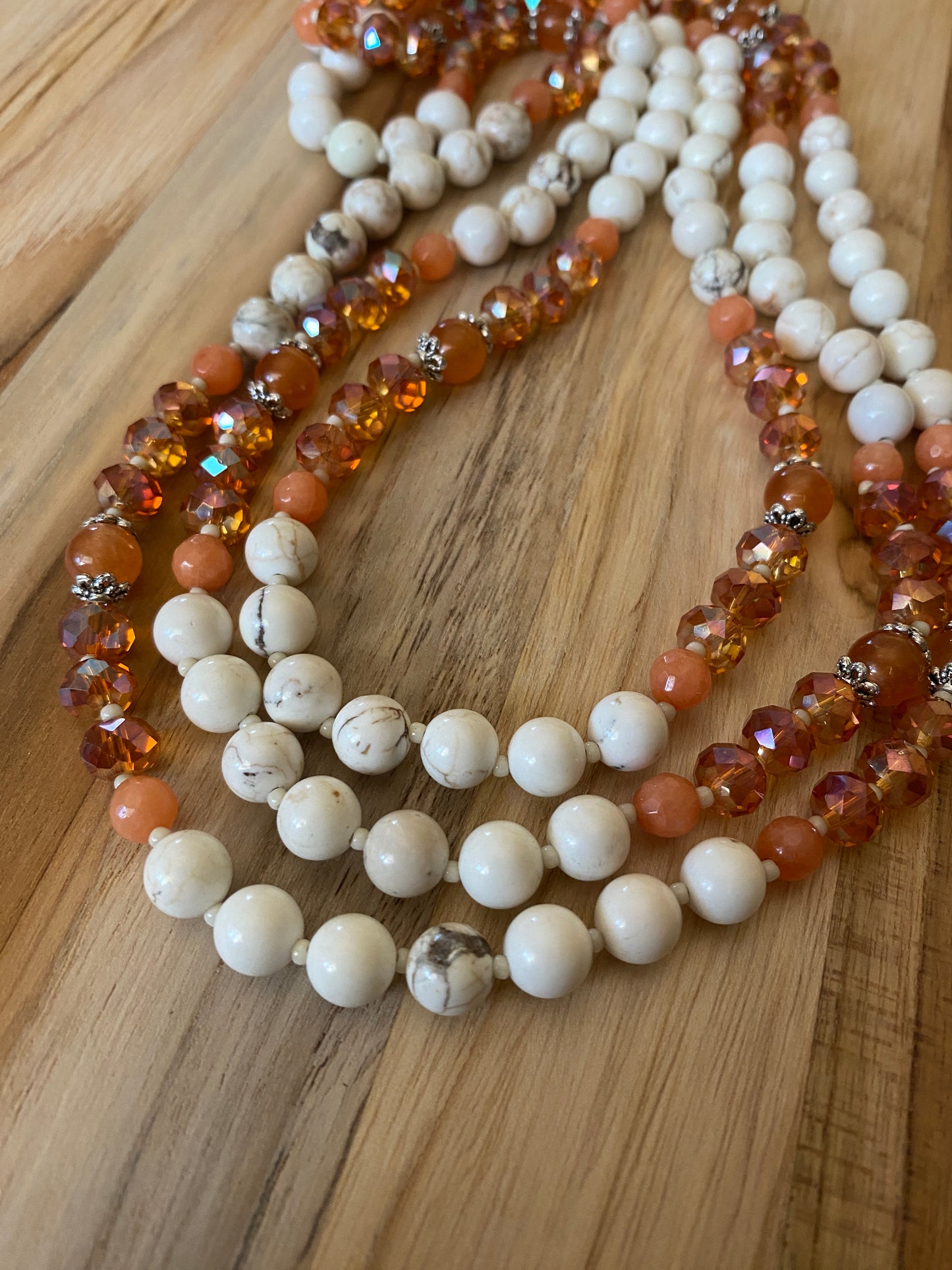 62" Long White Turquoise Multi-Wrap Necklace with Orange Jade & Crystal Beads - My Urban Gems