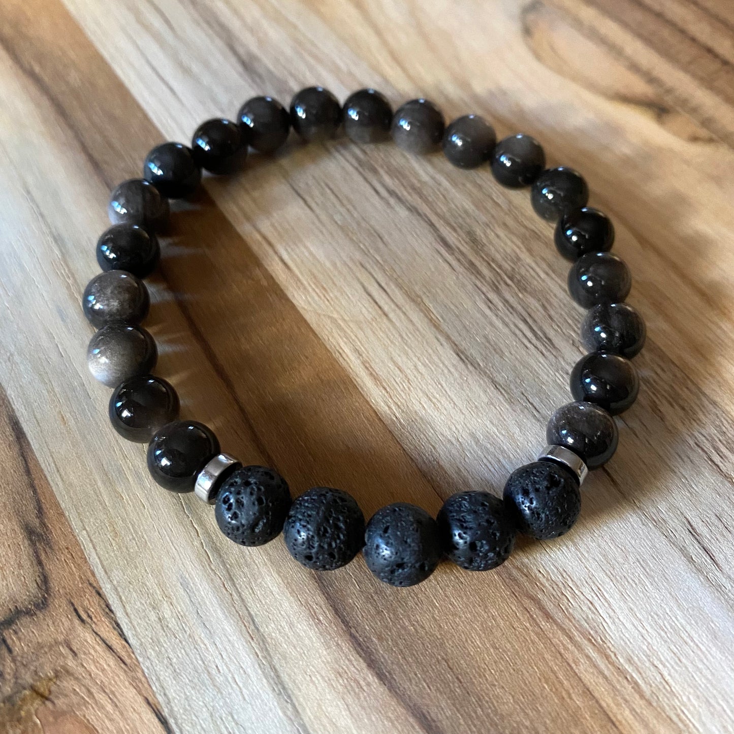 Unisex Aromatherapy Beaded Stretch Bracelet with Silver Sheen Obsidian & Lava Stone Beads