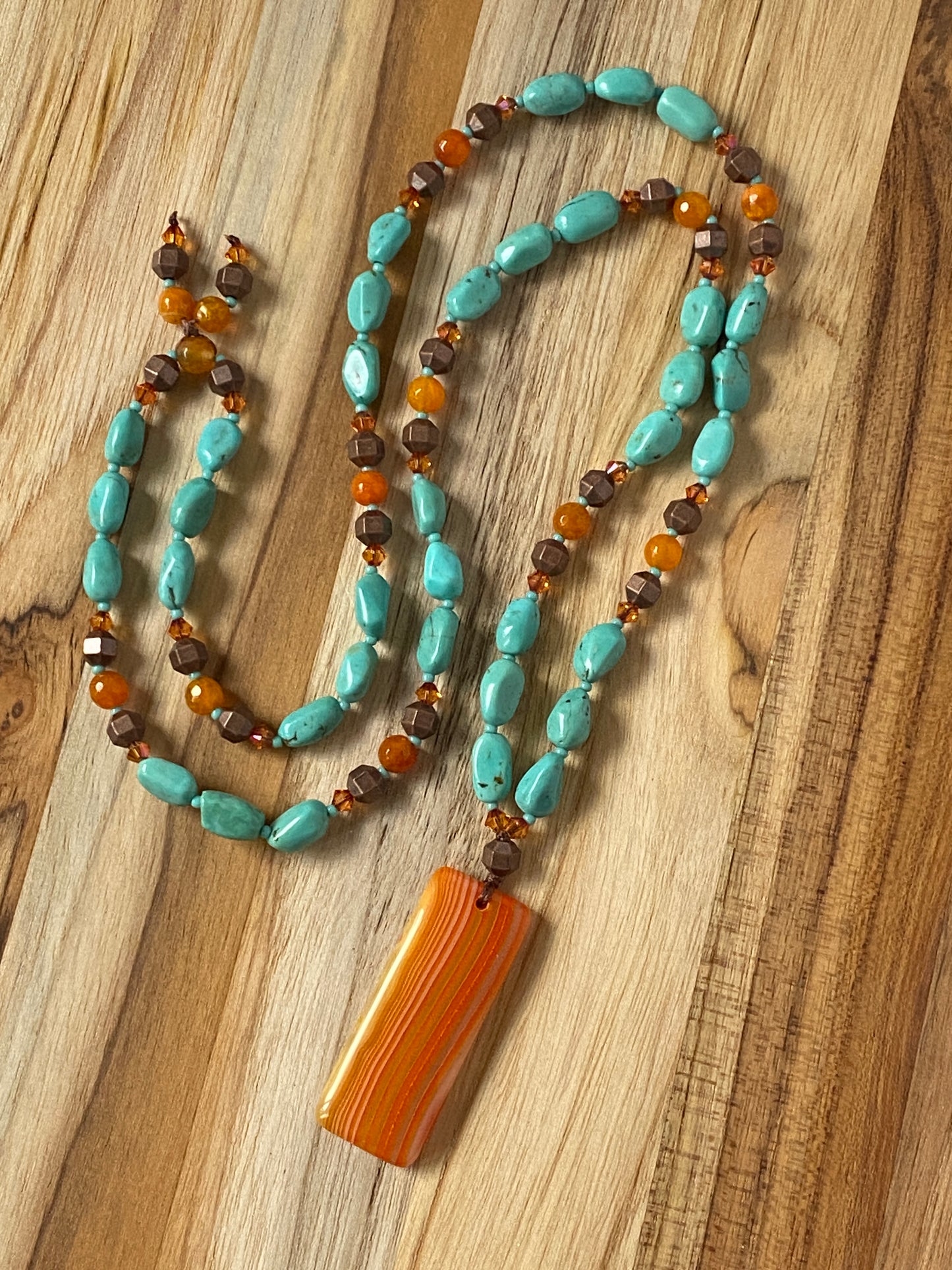 30" Long Orange Agate Pendant Beaded Necklace with Natural Turquoise, Agate & Crystal Beads My Urban Gems