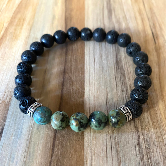 Unisex Aromatherapy Beaded Stretch Bracelet with Turquoise and Lava Stone