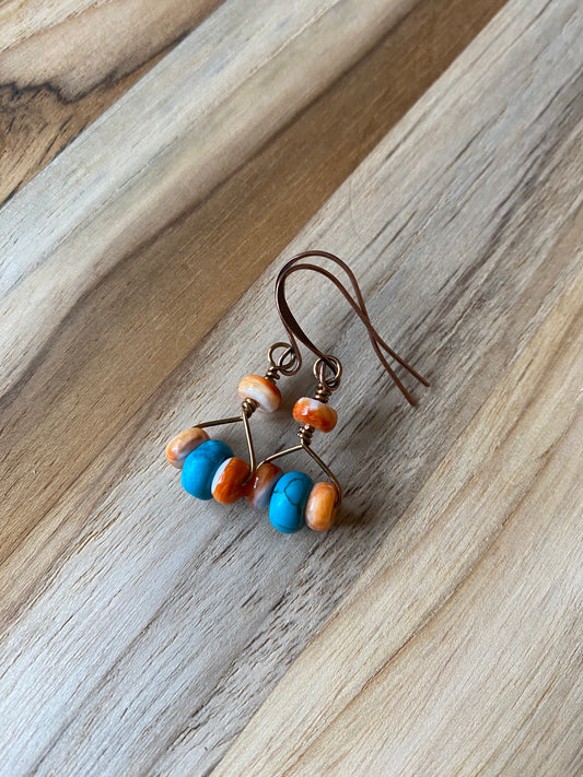 Orange Spiny Oyster and Natural Turquoise Earrings with Copper