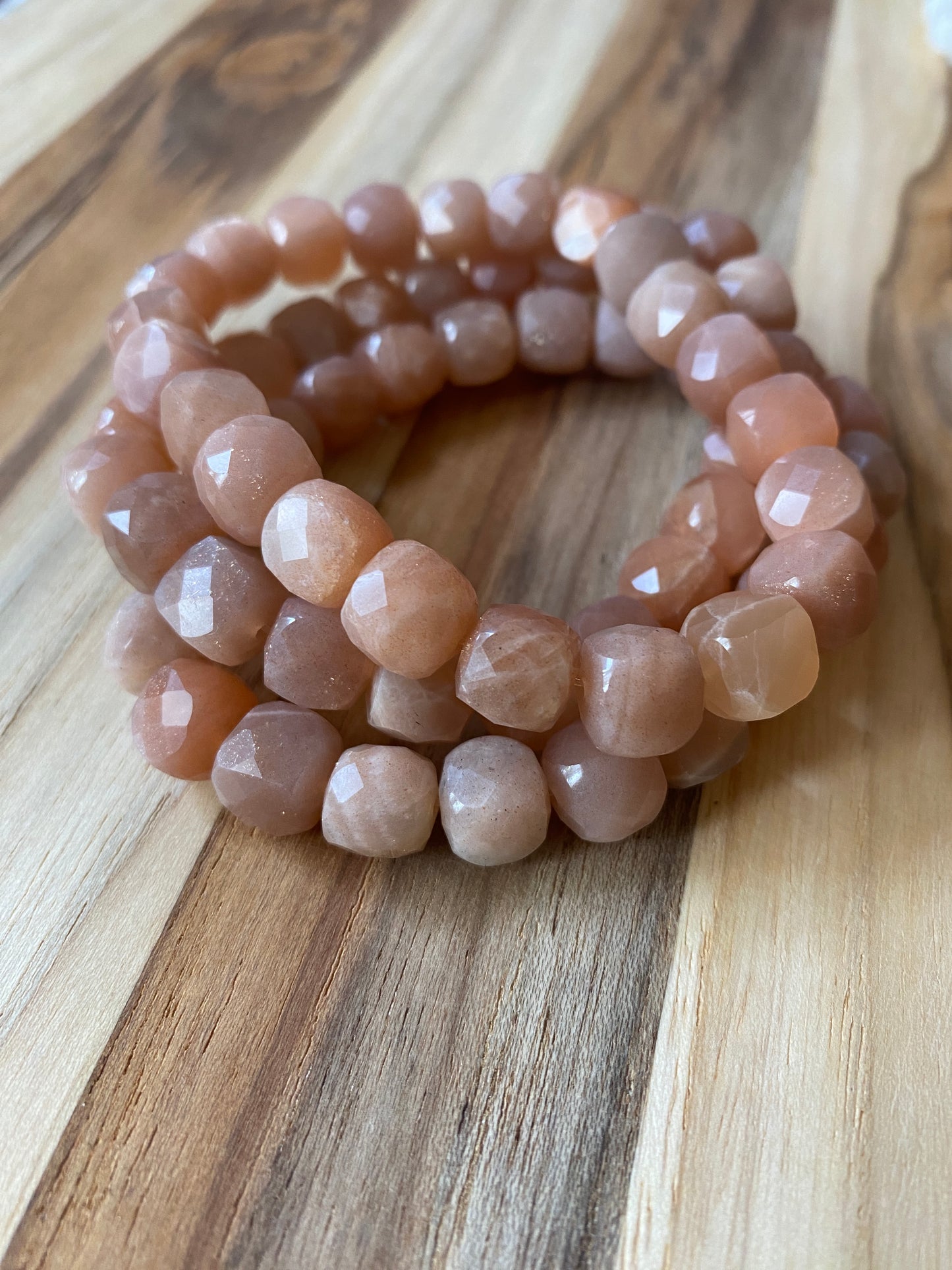 Peach Moonstone Faceted Square Beaded Stretch Bracelet