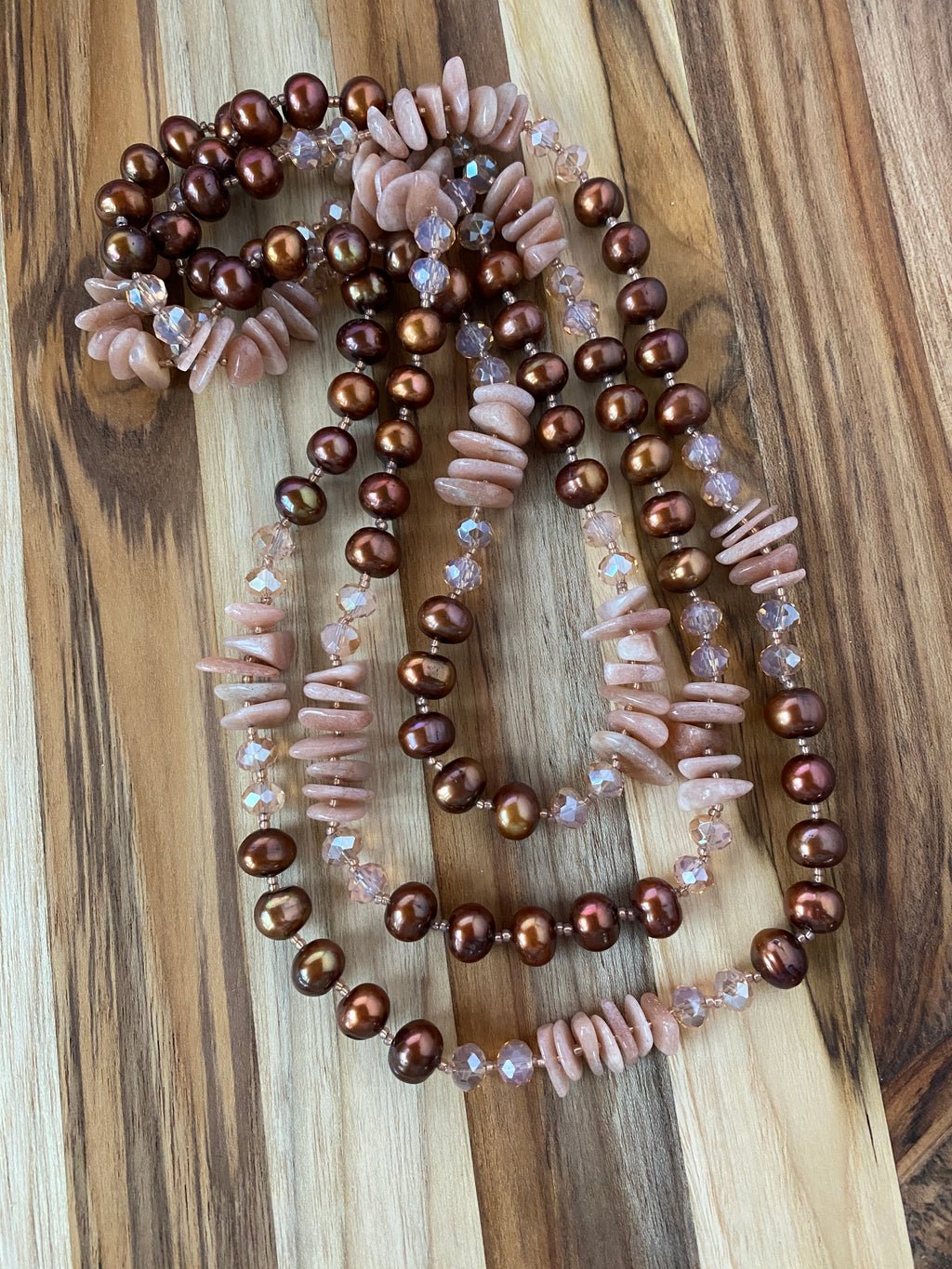 60" Extra Long Beaded Necklace with Brown Pearls, Sunstone Chips & Crystal Beads My Urban Gems