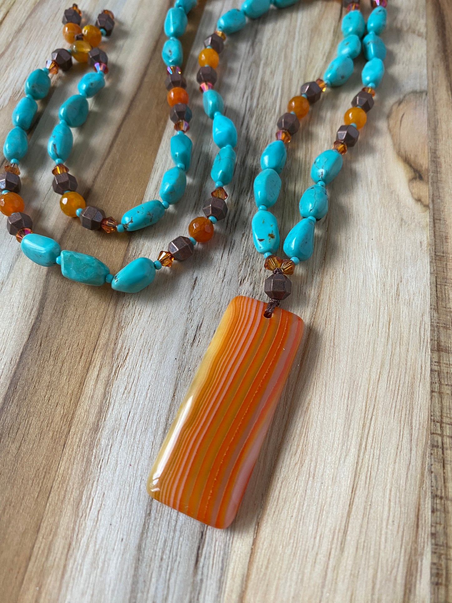 30" Long Orange Agate Pendant Beaded Necklace with Natural Turquoise, Agate & Crystal Beads My Urban Gems