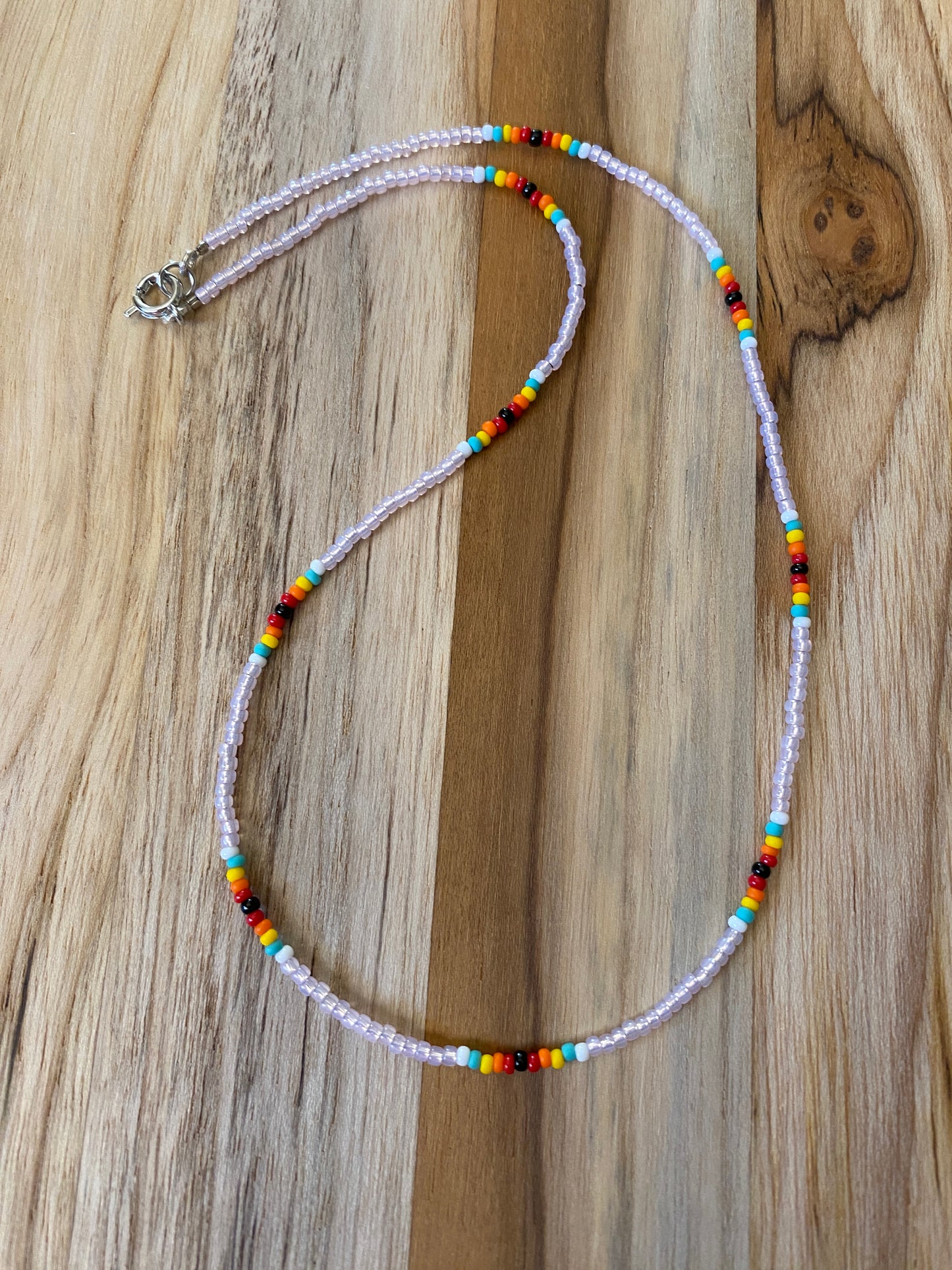 16" Dainty Minimalist Seed Bead Necklace Silver Lined Pink rainbow