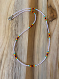 16" Dainty Minimalist Seed Bead Necklace Silver Lined Pink rainbow