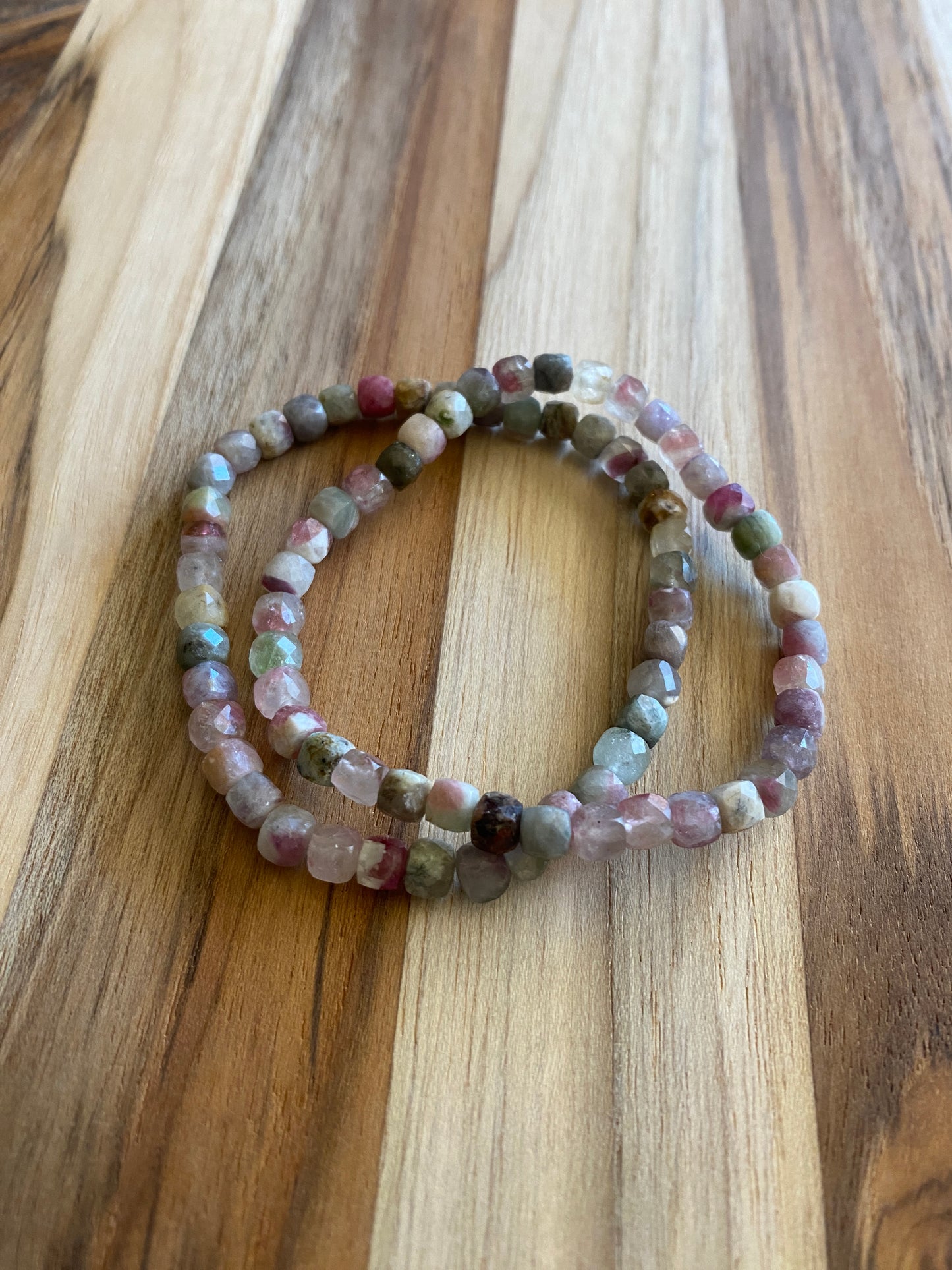 Dainty Tourmaline with Lepidolite Faceted Square Beaded Stretch Bracelet