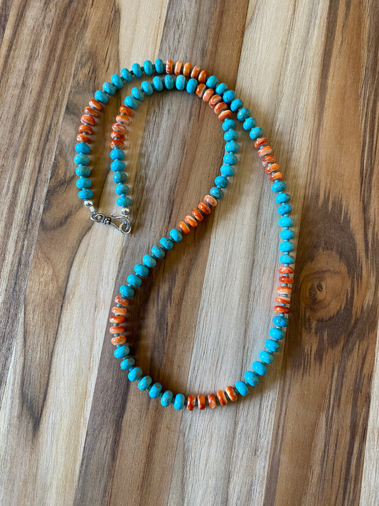 Nevada Blue Turquoise Beaded Necklace with Orange Spiny Oyster and Sterling Silver