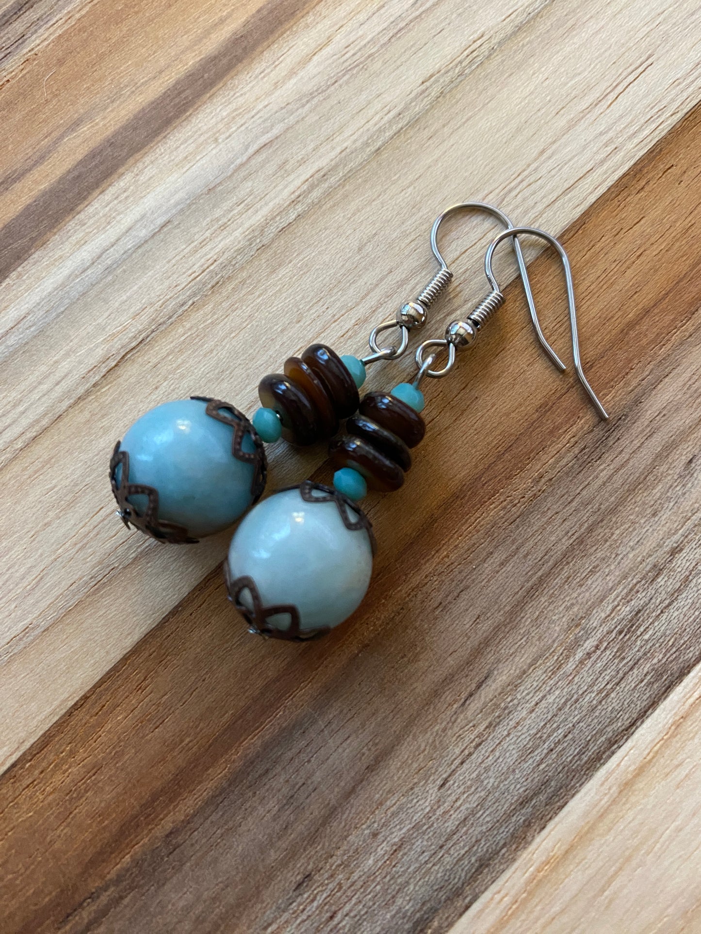 Amazonite with Brown Shell & Copper Dangle Earrings