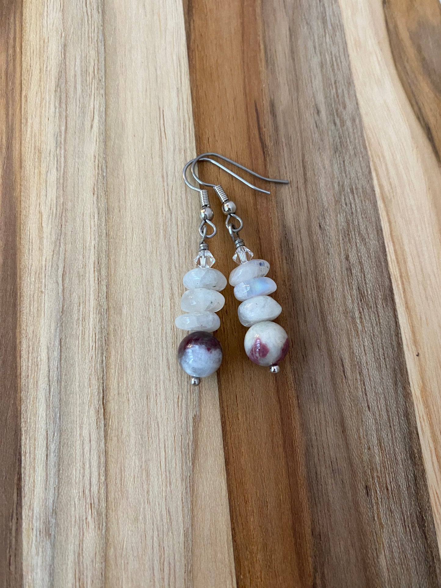 Pink Flower Tourmaline Dangle Earrings with Moonstone & Crystal Beads