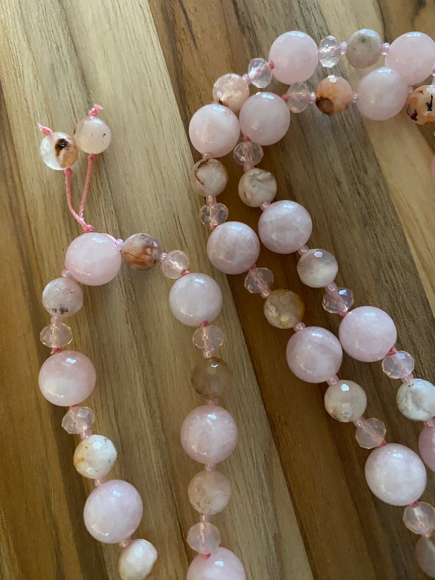 Long Madagascar Rose Quartz Beaded Necklace with Sakura Agate and Crystal Beads