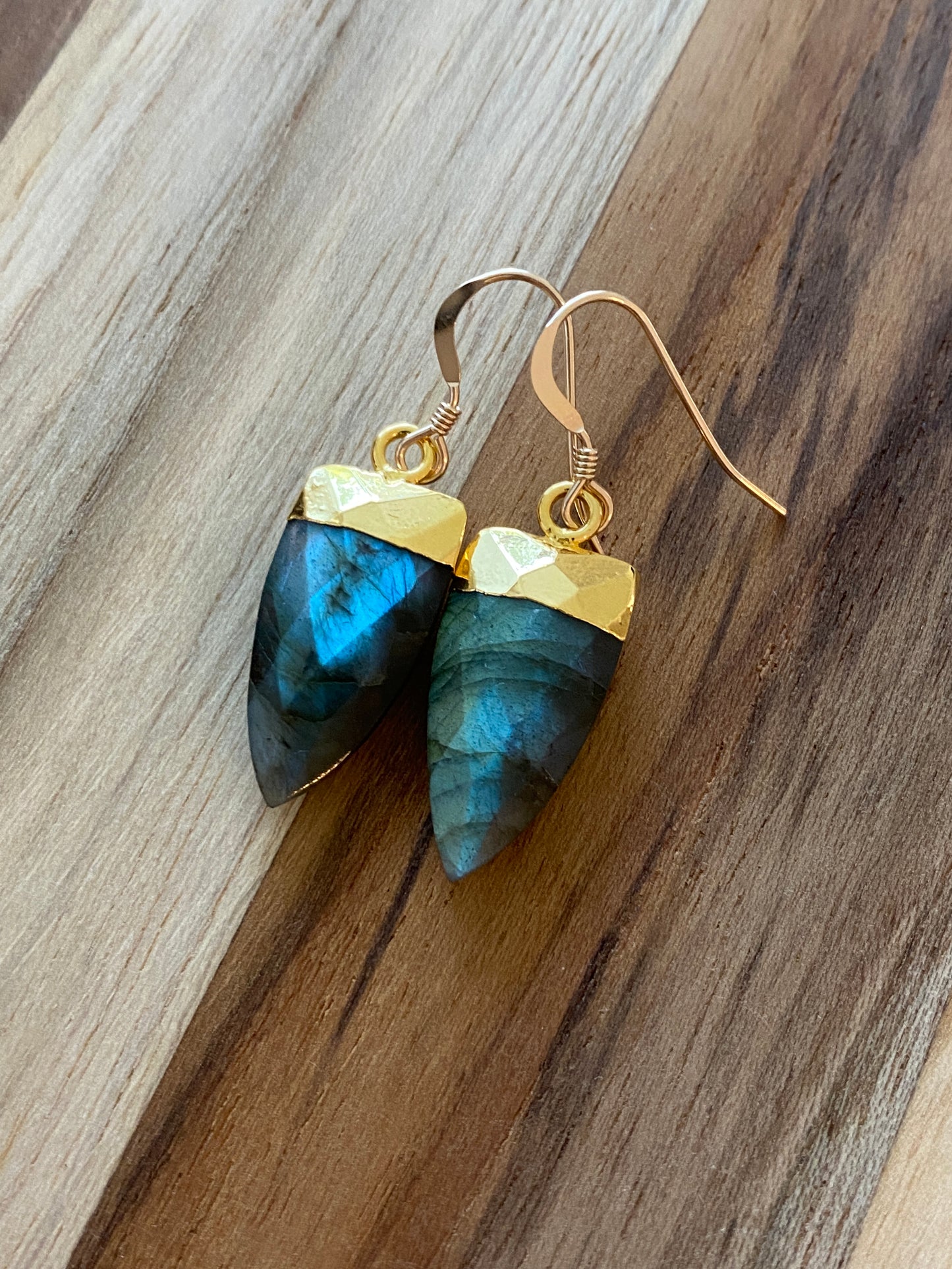 Trillion Shaped Blue Flash Labradorite Dangle Earring with Gold