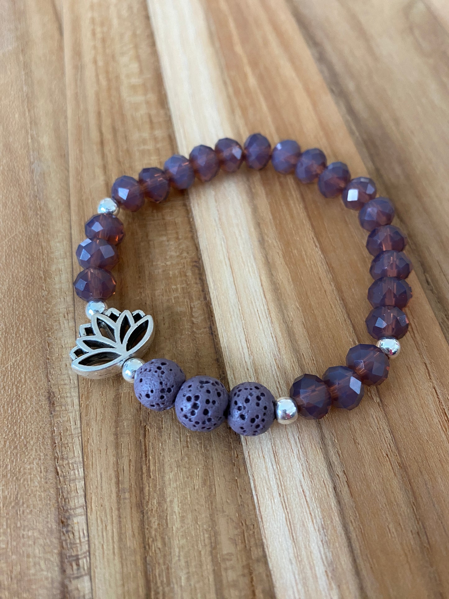 Purple Crystal Aromatherapy Beaded Stretch Bracelet with Lotus