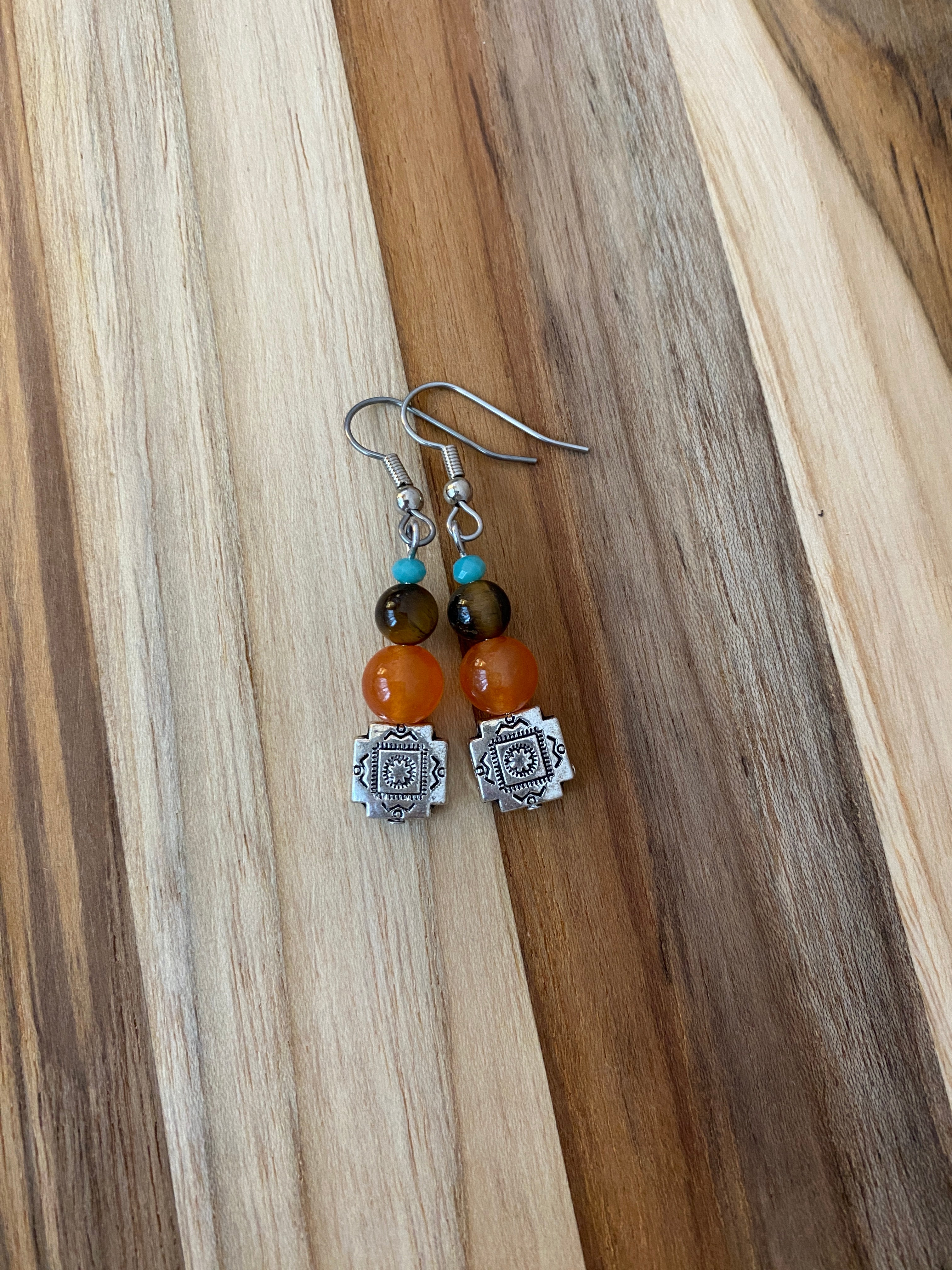Southwestern Orange, Tiger Eye & Turquoise Crystal Dangle Earrings - My Urban Gems