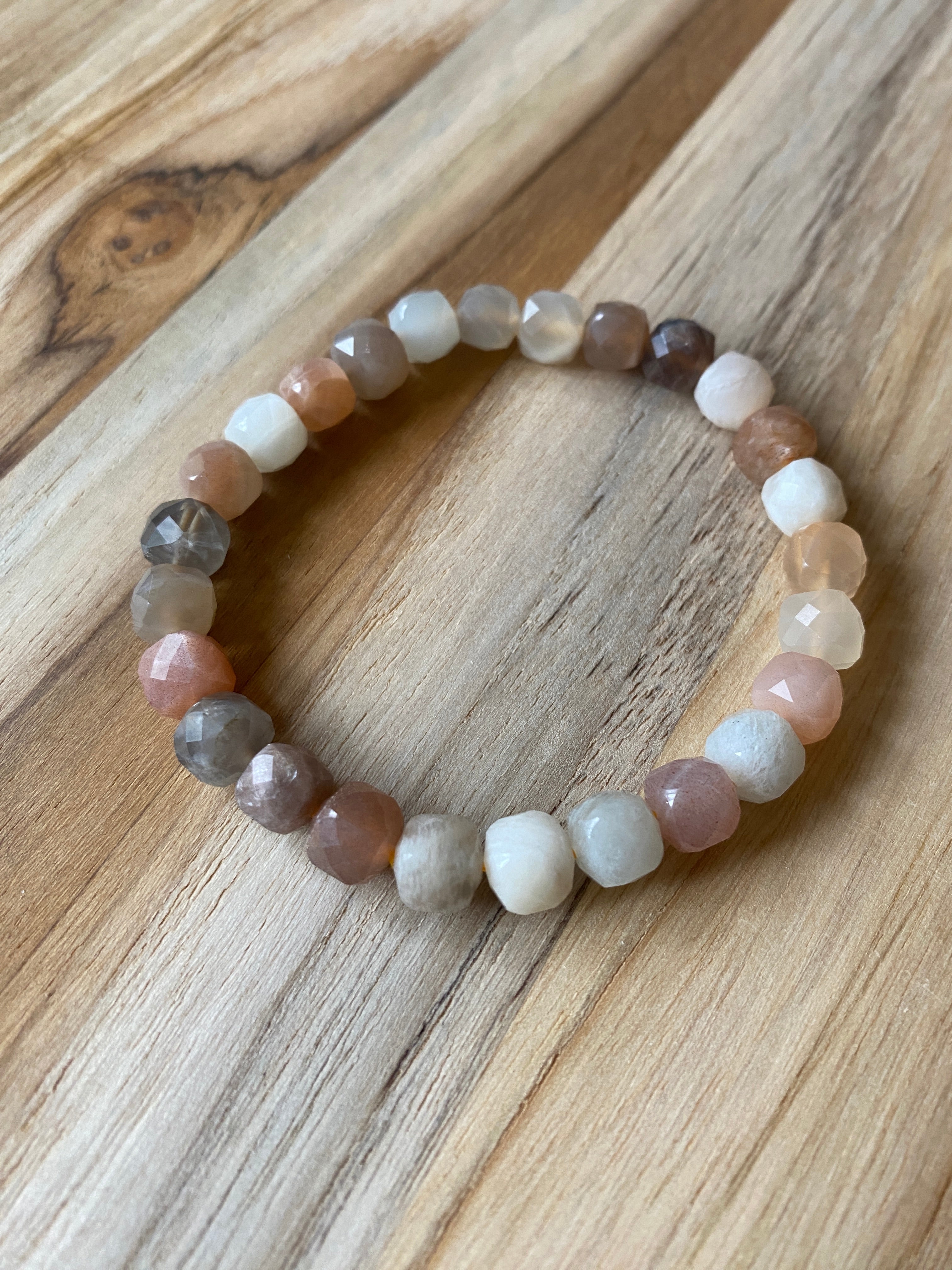 Multi-colored Moonstone and Sunstone Faceted Square Beaded Stretch Bracelet