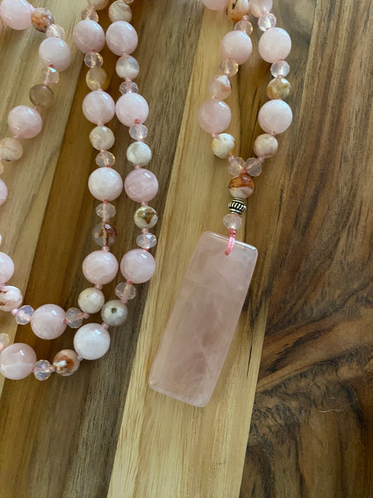 Long Madagascar Rose Quartz Beaded Necklace with Sakura Agate and Crystal Beads