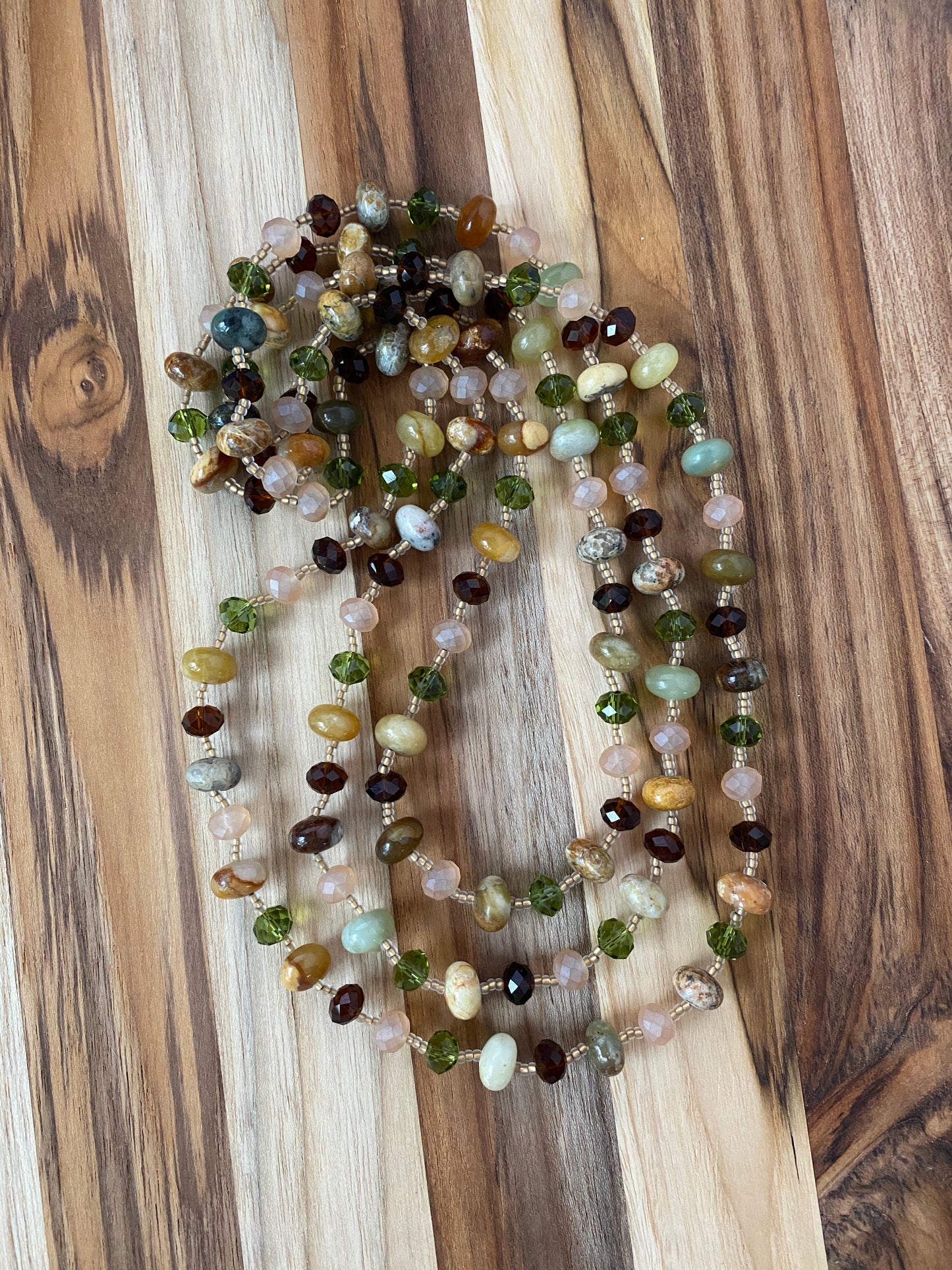 59" Long Flower Jade & Crystal Beaded Necklace