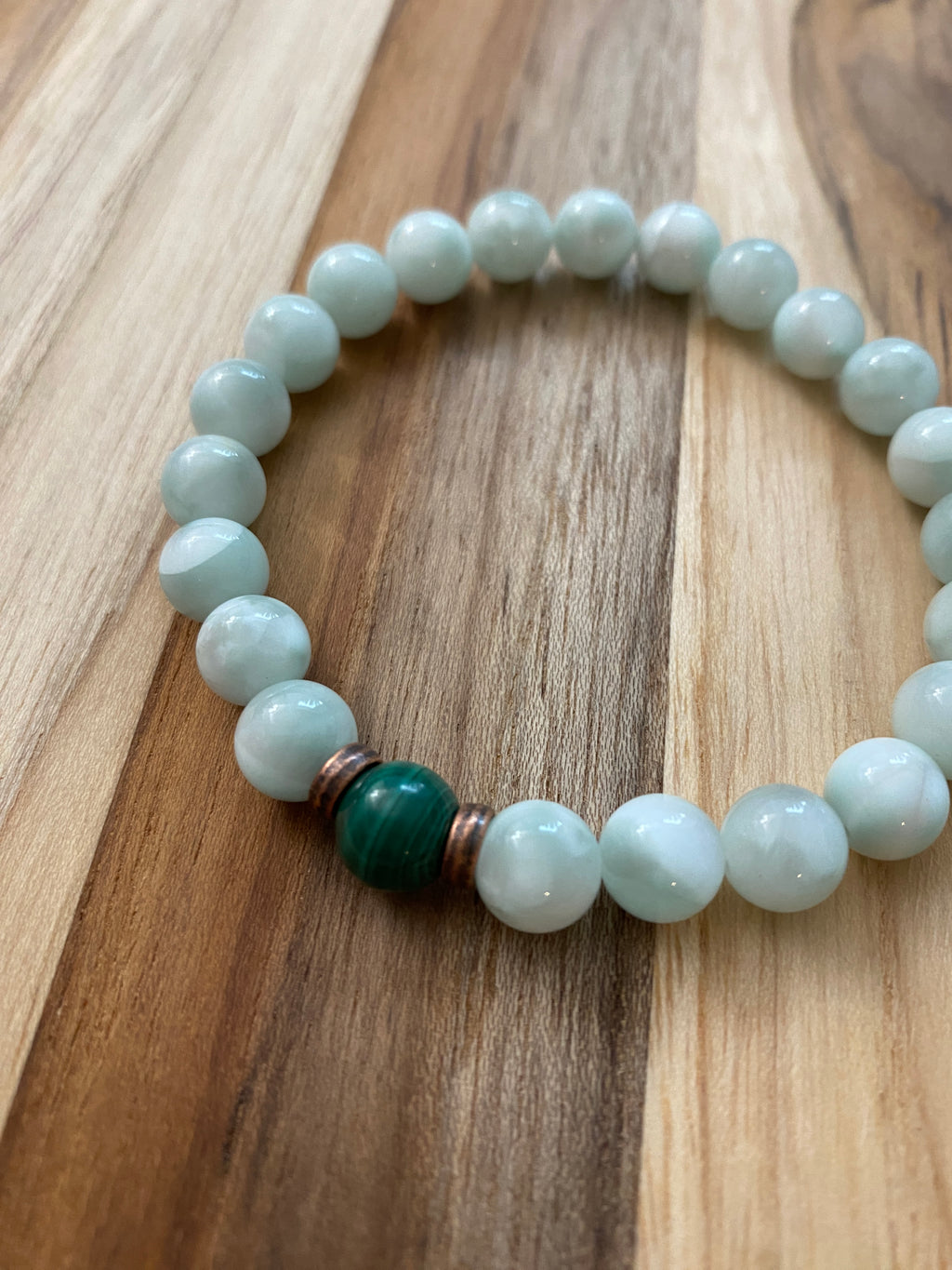 Green Moonstone Beaded Stretch Bracelet with Malachite