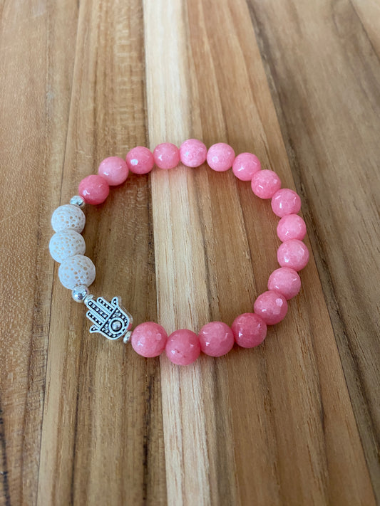 Pink Faceted Jade Beaded Aromatherapy Bracelet with Hamsa