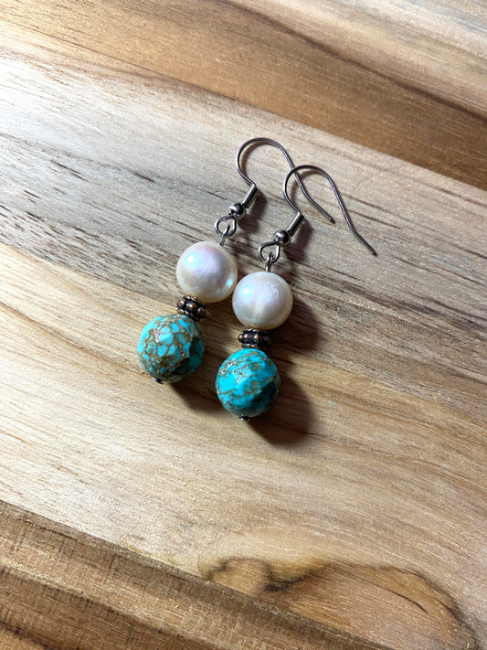 Turquoise and Pearl Dangle Earrings