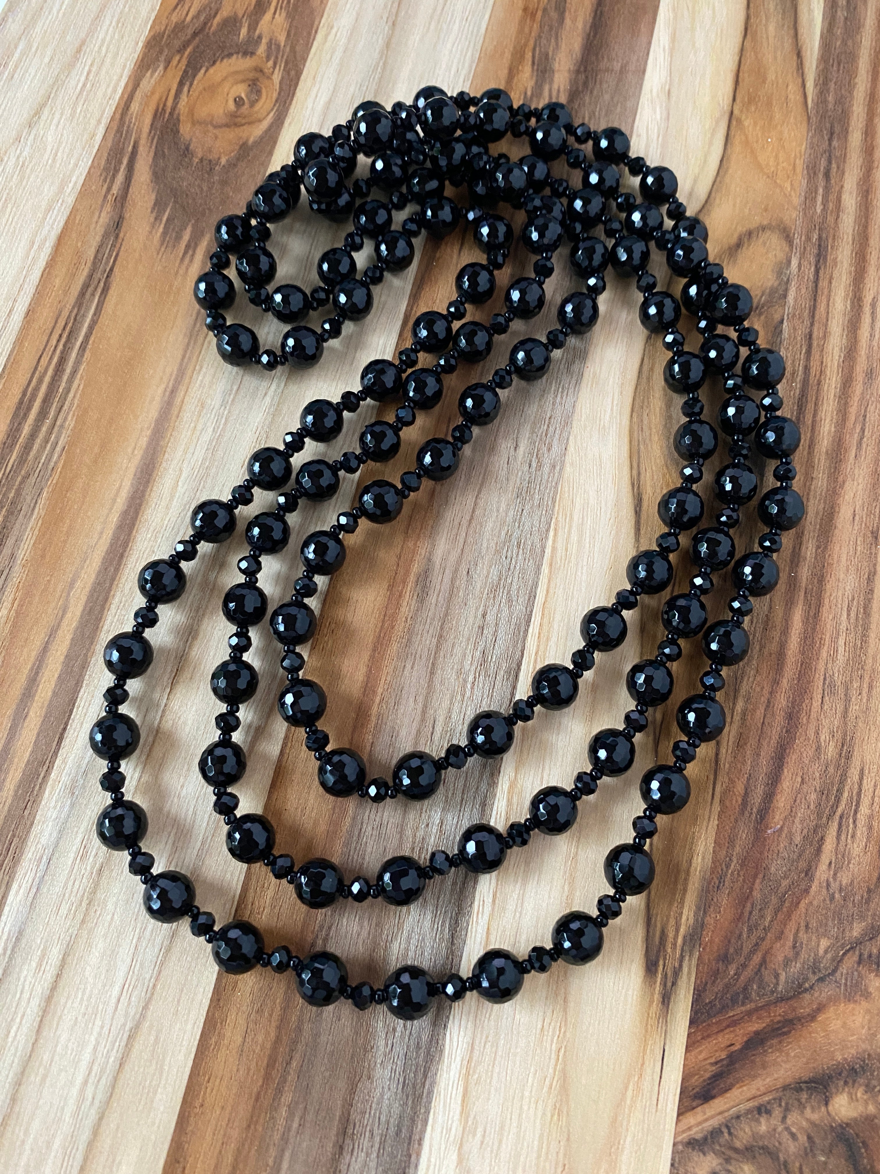 60" Extra Long Wraparound Faceted Black Onyx Necklace with Crystal beads - My Urban Gems