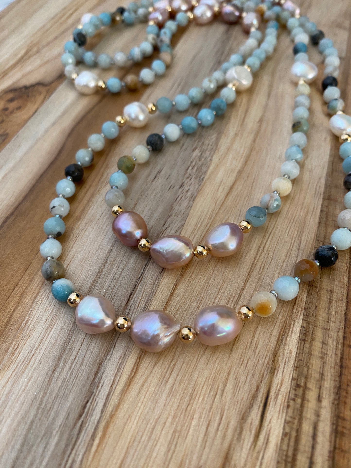Long Beaded Amazonite Necklace with Pink and White Freshwater Pearl Beads
