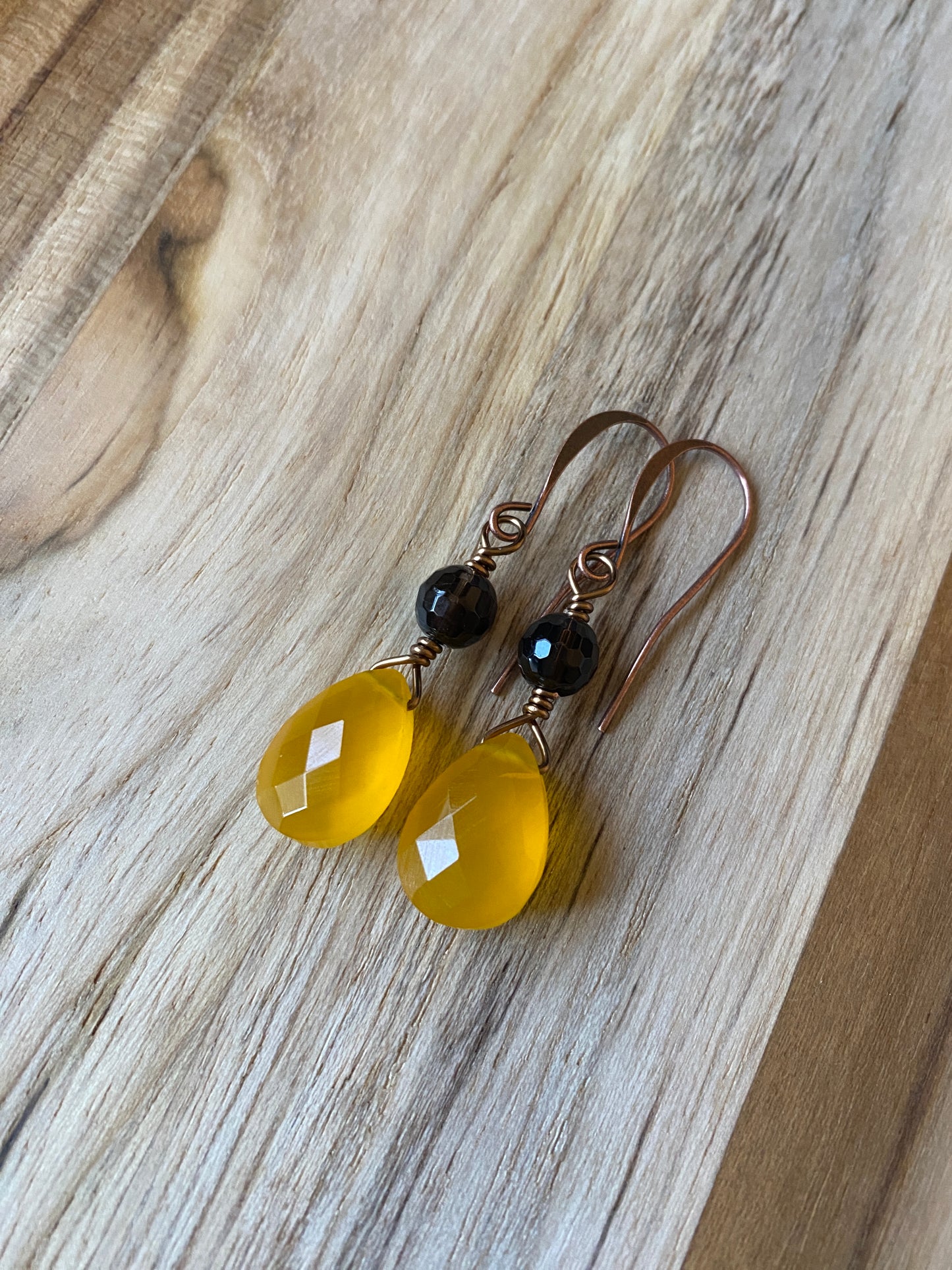 Mango Yellow Onyx Briolette Earrings with Smoky Quartz and Copper