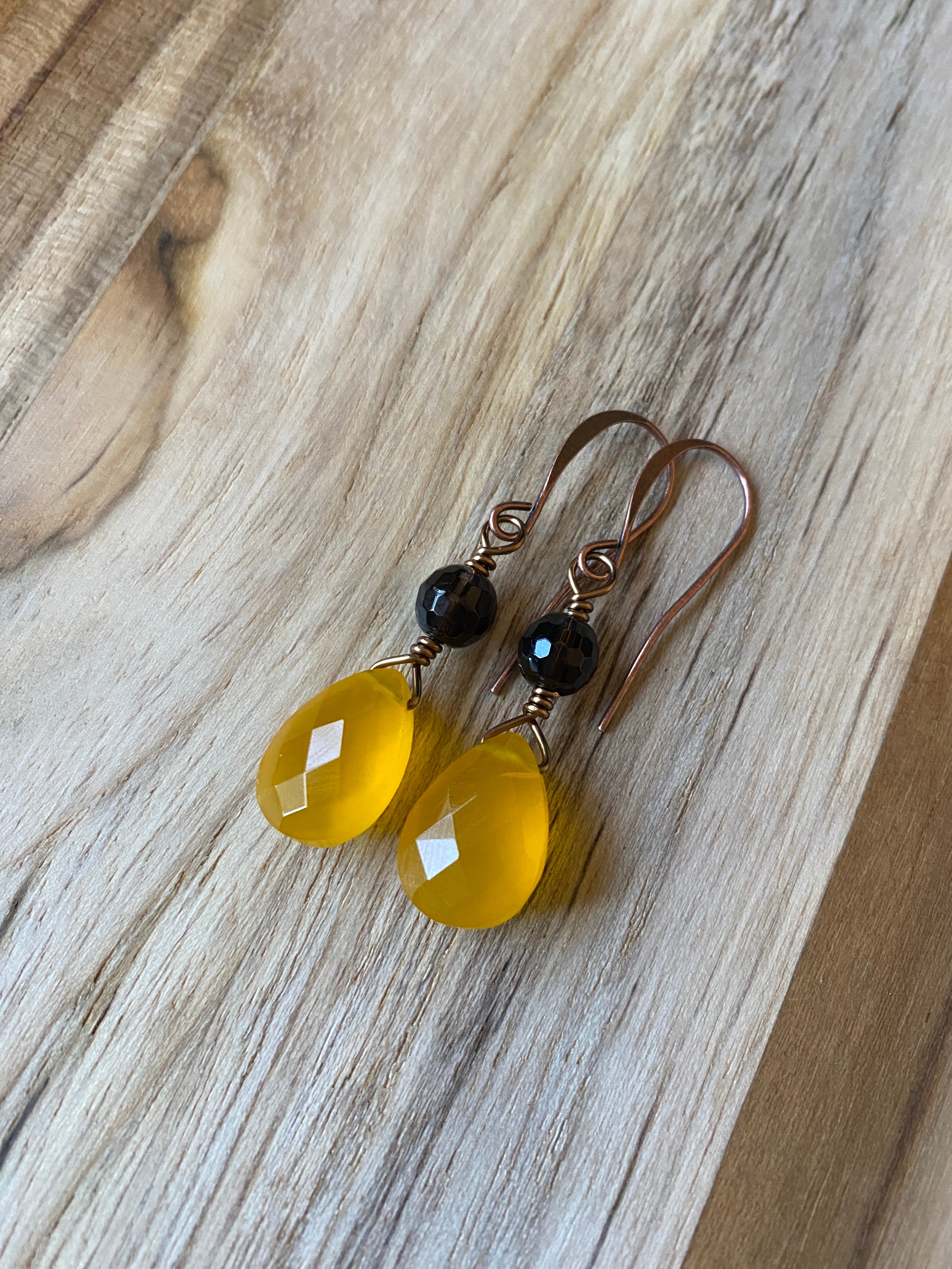 Mango Yellow Onyx Briolette Earrings with Smoky Quartz and Copper