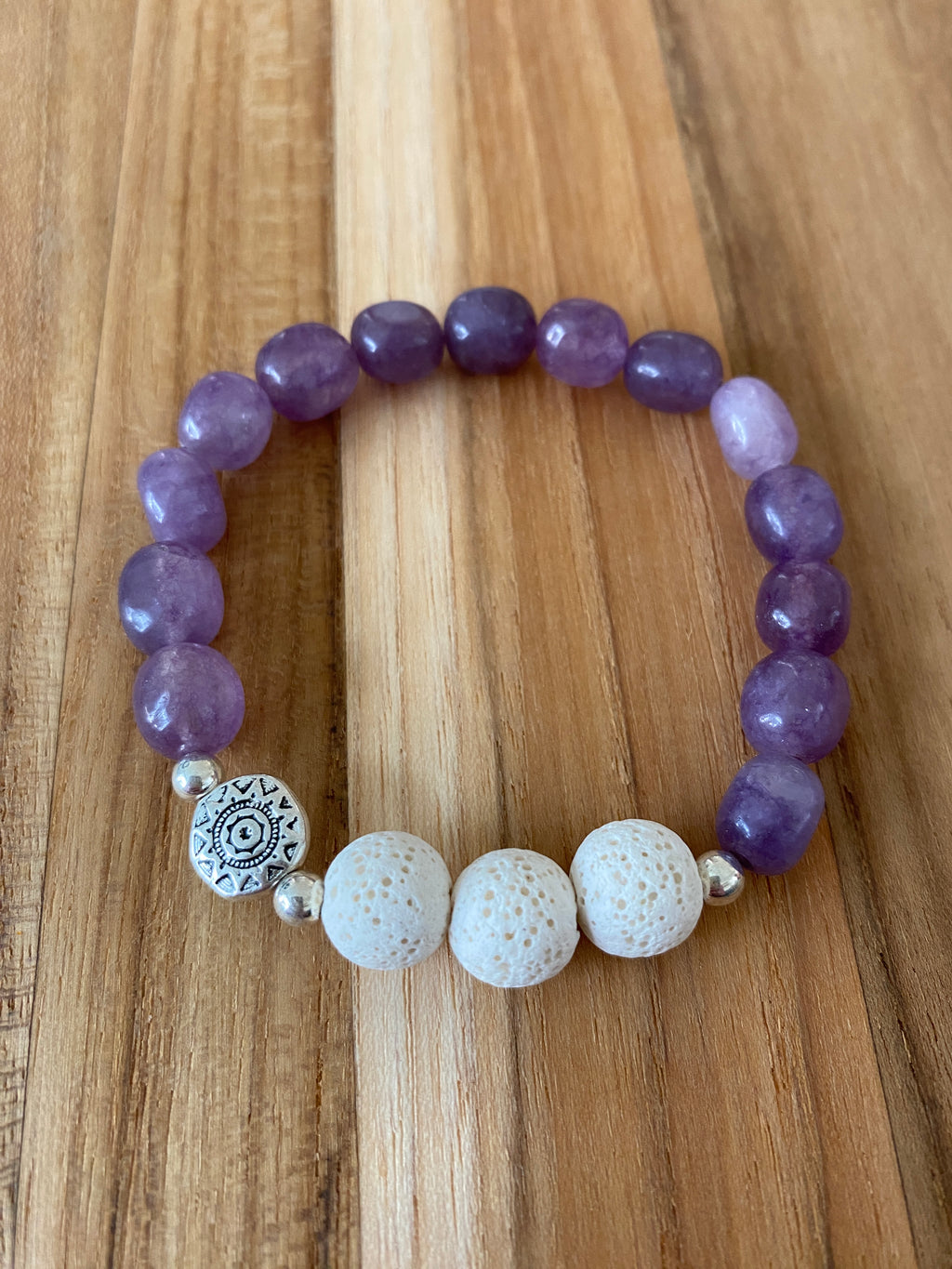 Essential Oil Diffuser Aromatherapy Purple Jade Stretch Bracelet with Aztec Sun Bead
