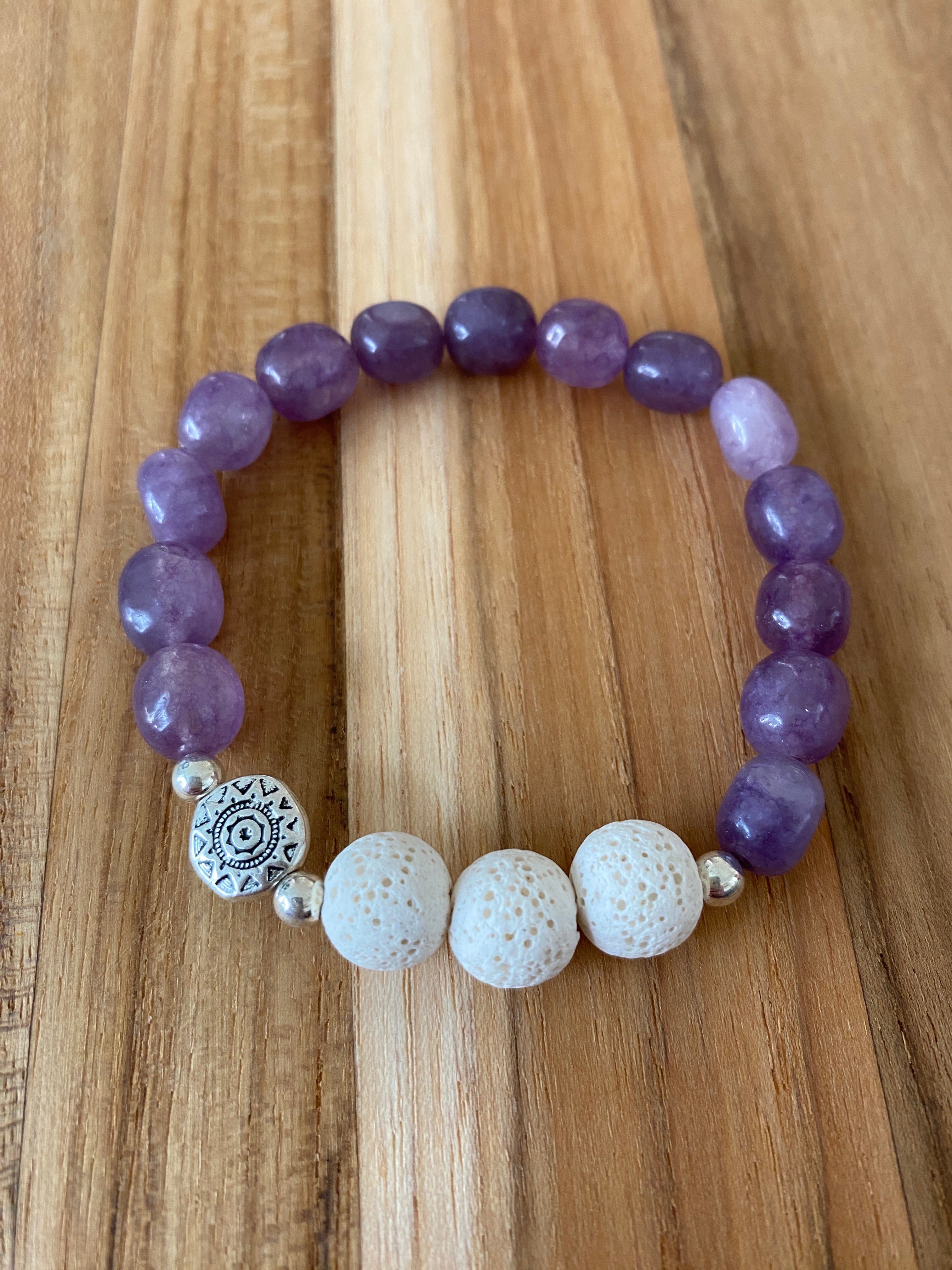 Essential Oil Diffuser Aromatherapy Purple Jade Stretch Bracelet with Aztec Sun Bead